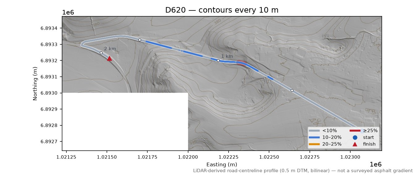 D620 LiDAR hillshade map with contours