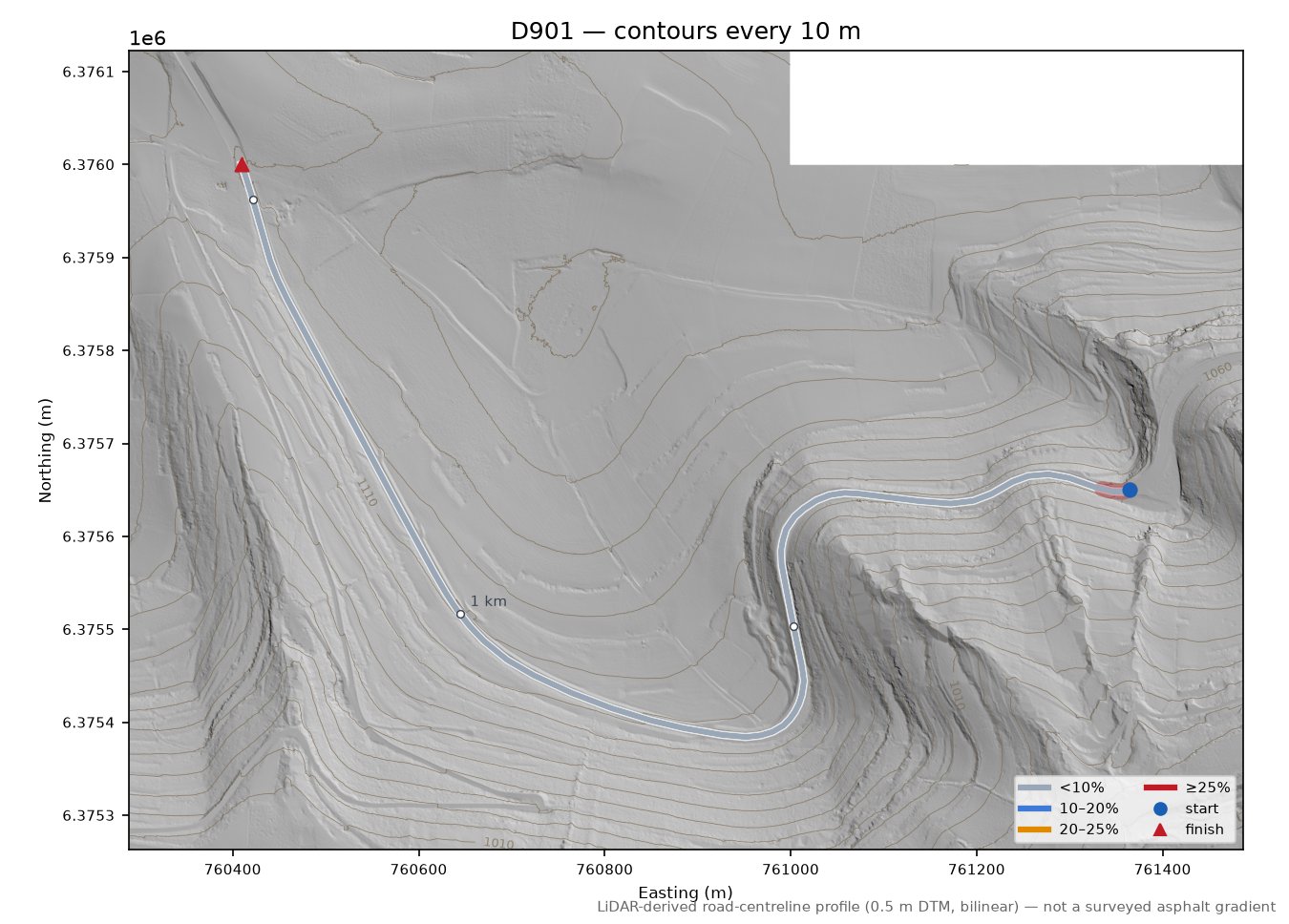 D901 LiDAR hillshade map with contours