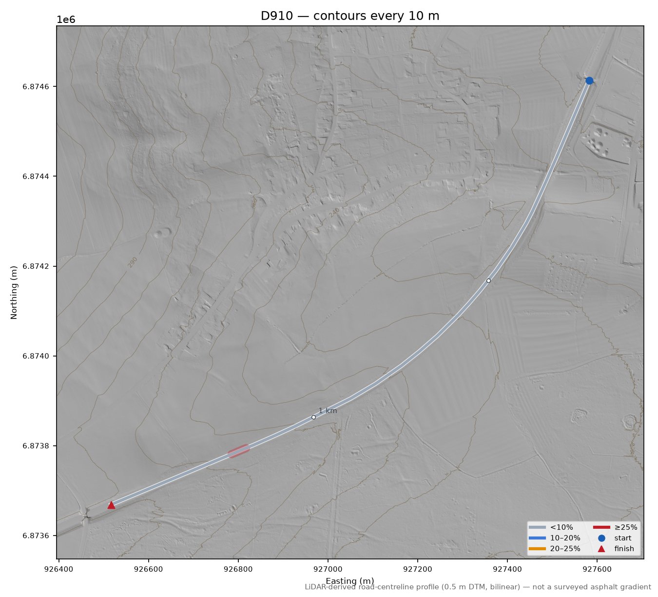 D910 LiDAR hillshade map with contours