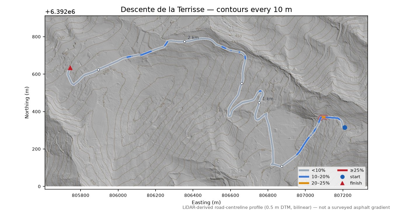 Descente de la Terrisse LiDAR hillshade map with contours