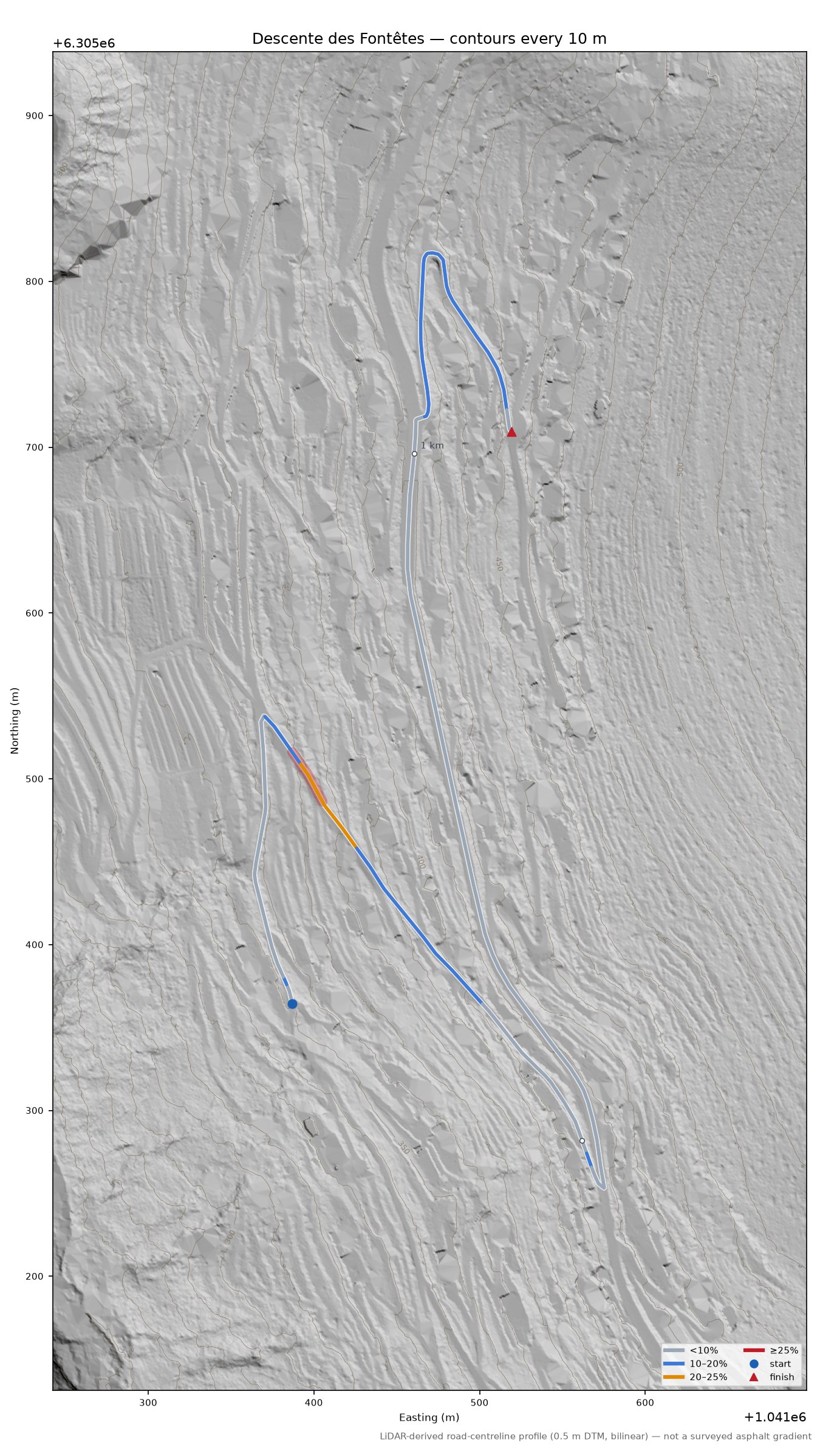 Descente des Fontêtes LiDAR hillshade map with contours