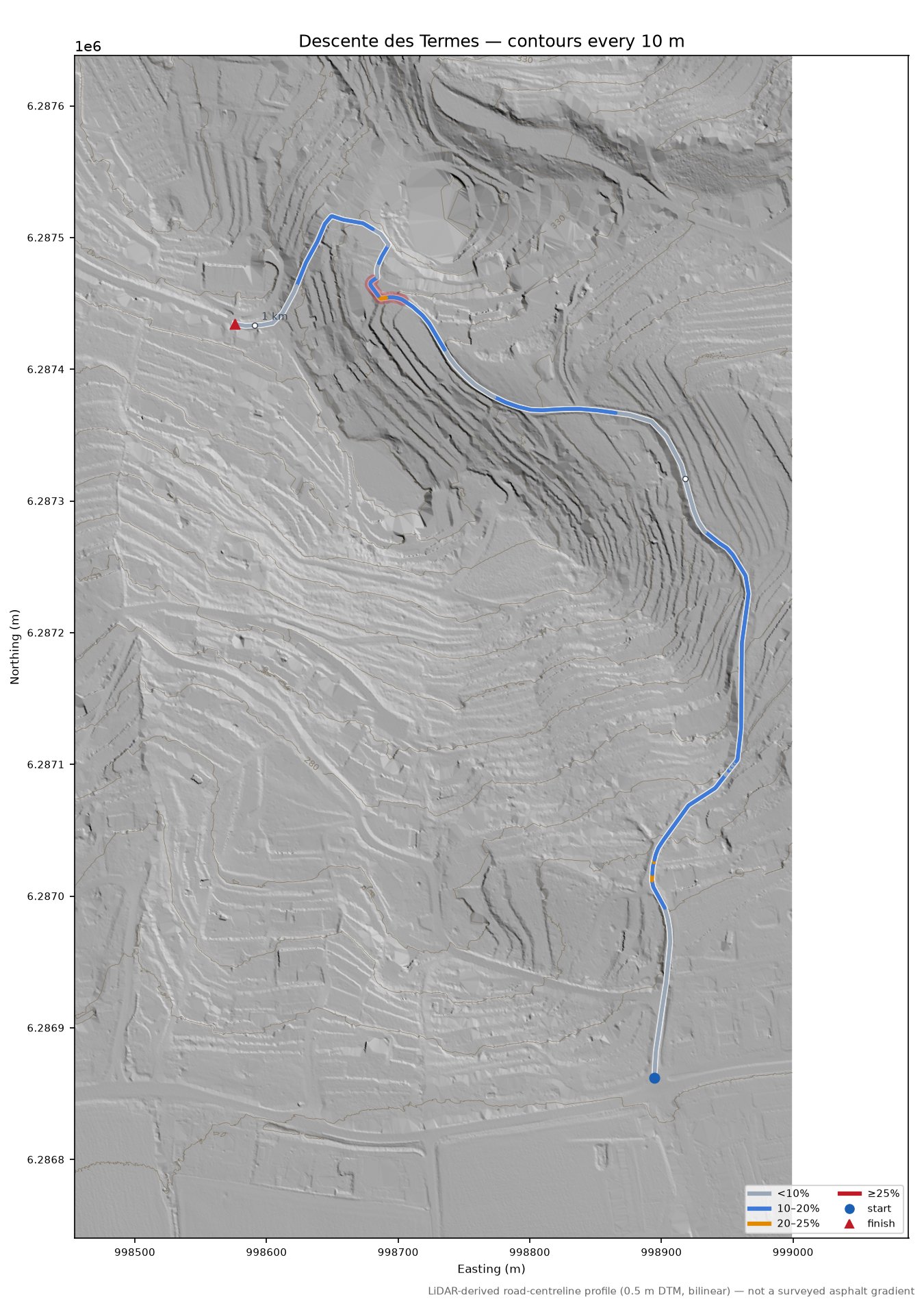 Descente des Termes LiDAR hillshade map with contours