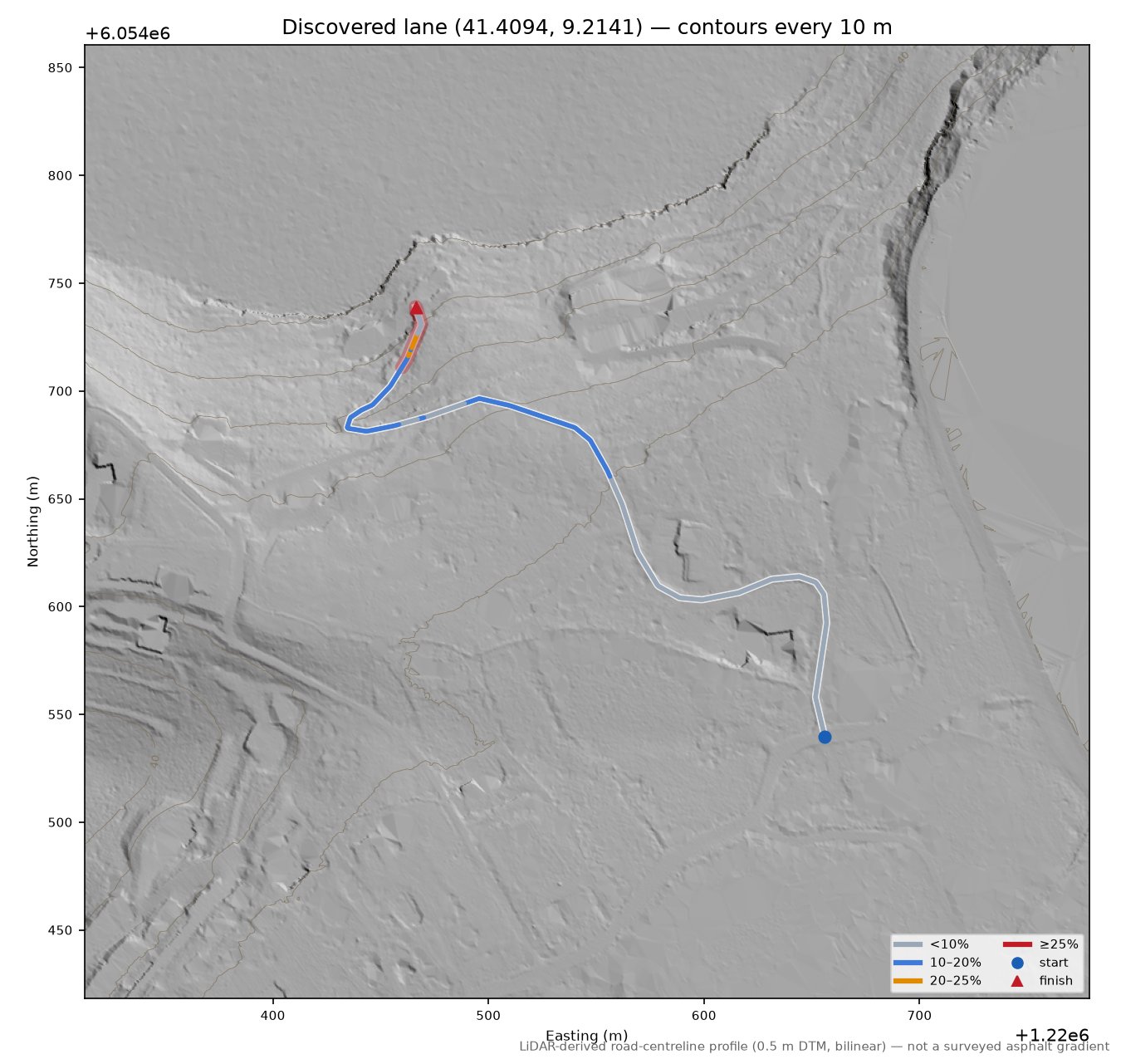 Discovered lane (41.4094, 9.2141) LiDAR hillshade map with contours