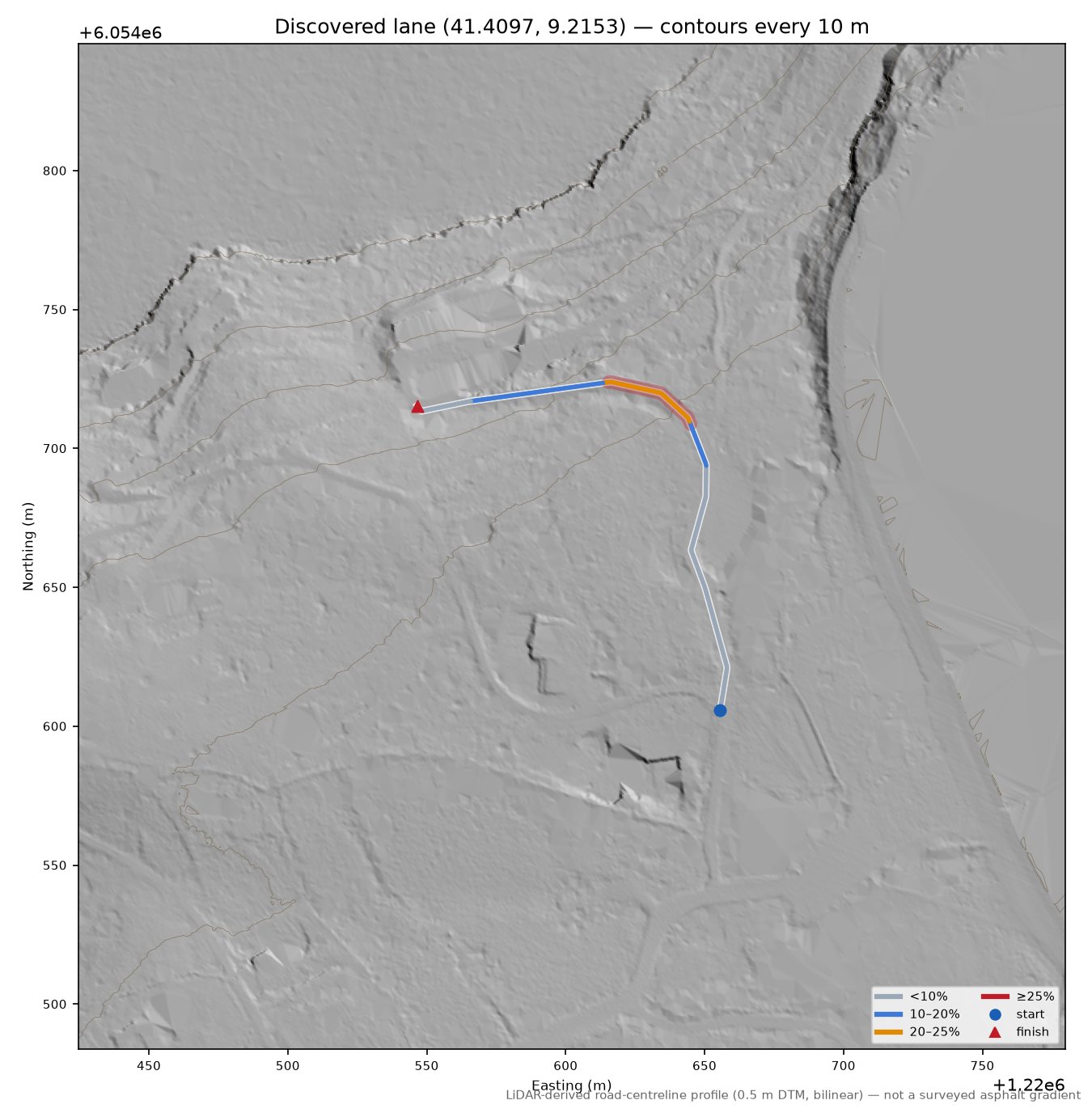 Discovered lane (41.4097, 9.2153) LiDAR hillshade map with contours