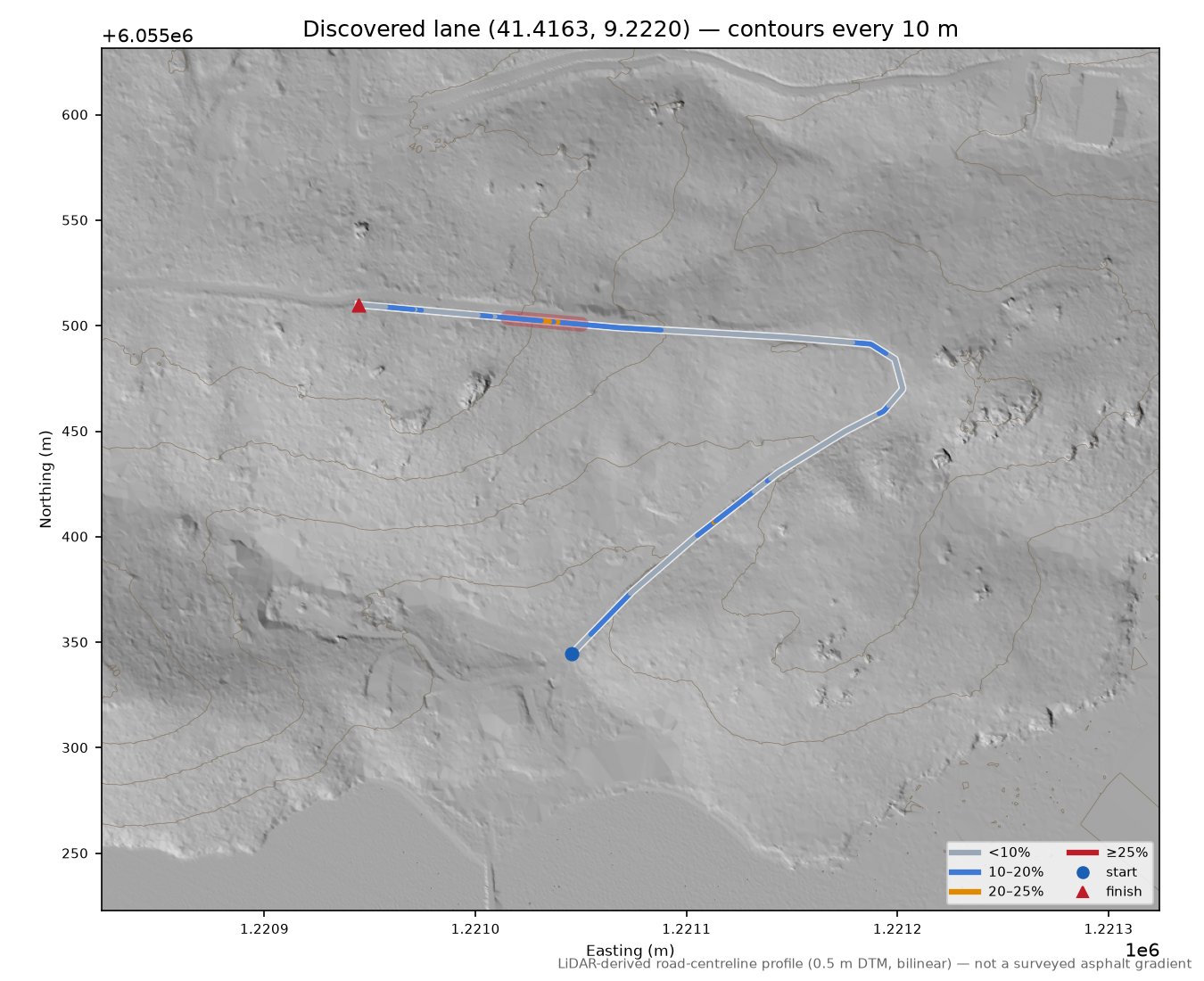 Discovered lane (41.4163, 9.2220) LiDAR hillshade map with contours
