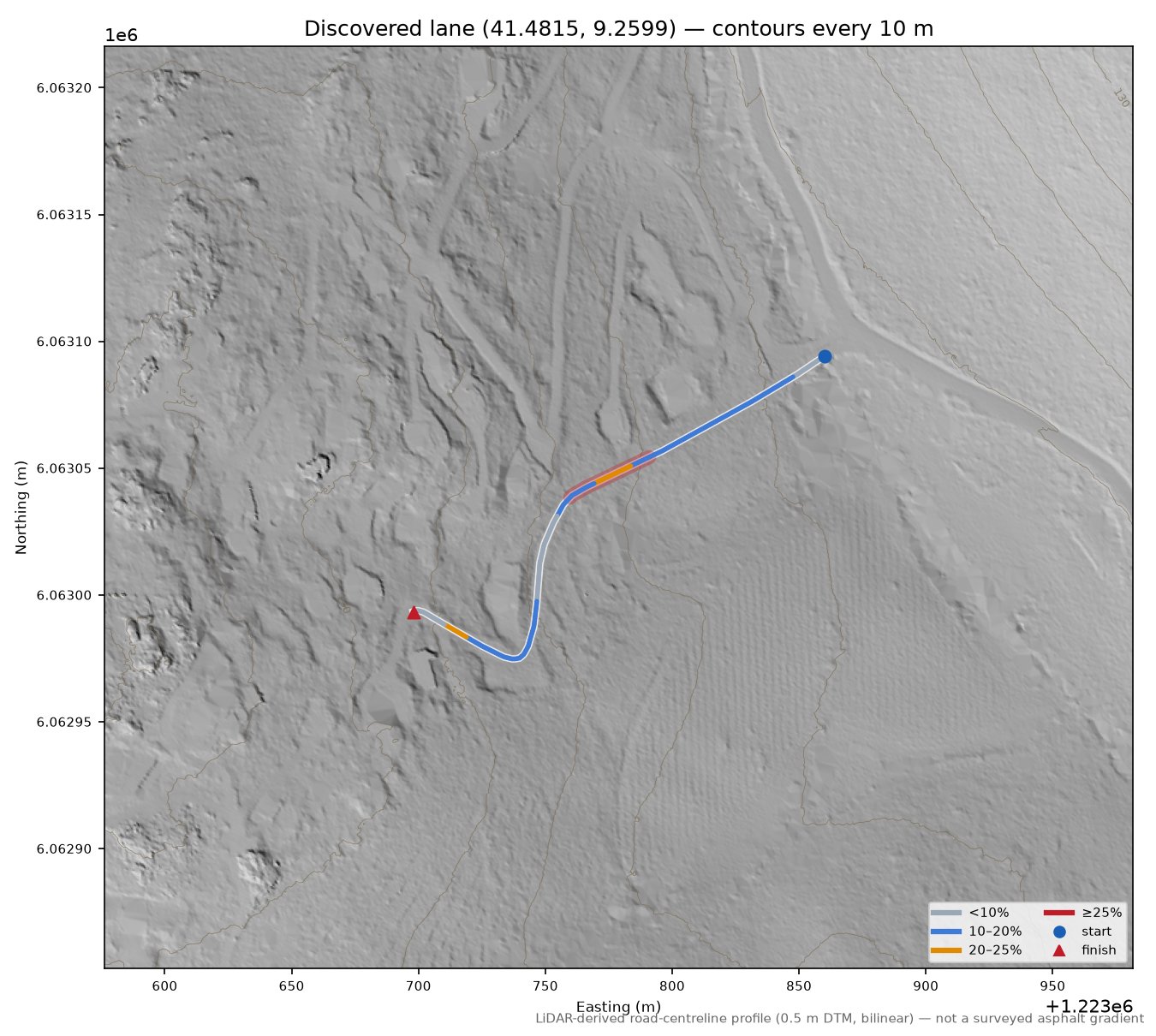 Discovered lane (41.4815, 9.2599) LiDAR hillshade map with contours