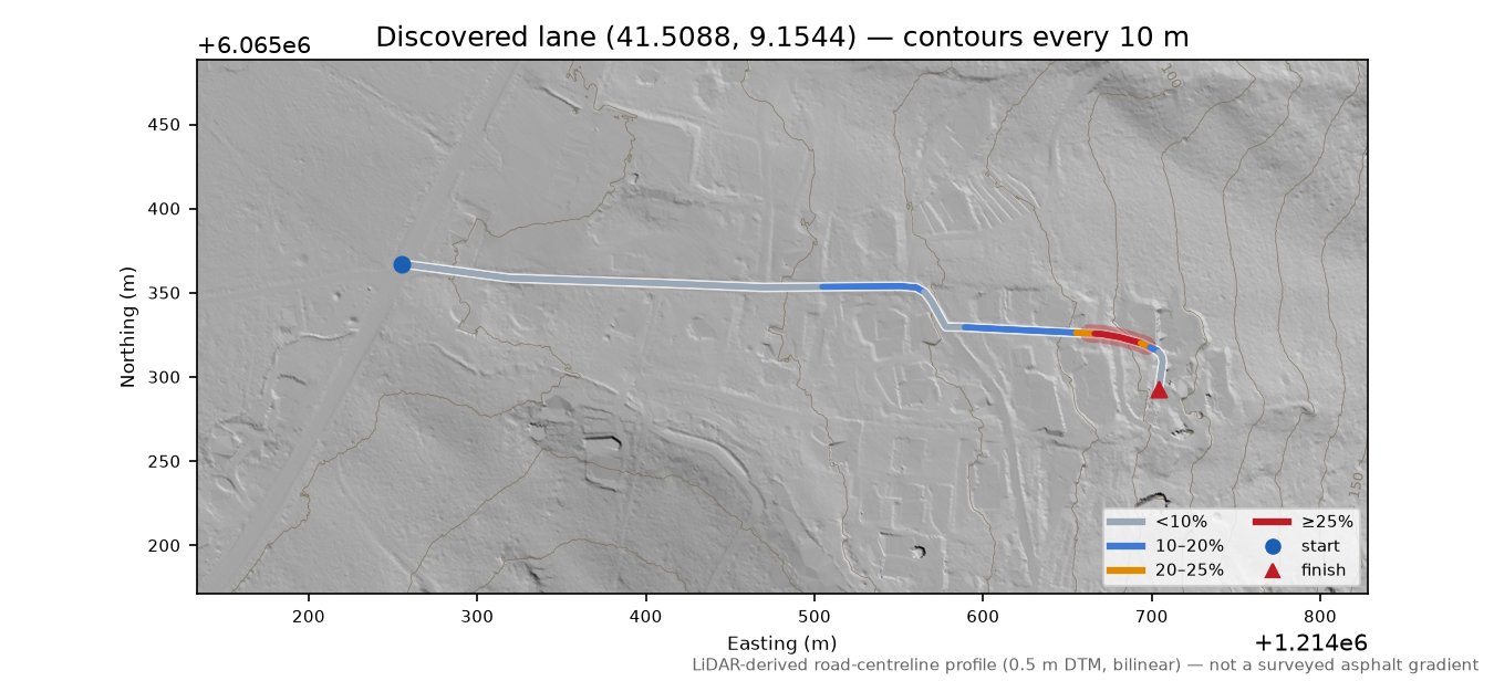 Discovered lane (41.5088, 9.1544) LiDAR hillshade map with contours