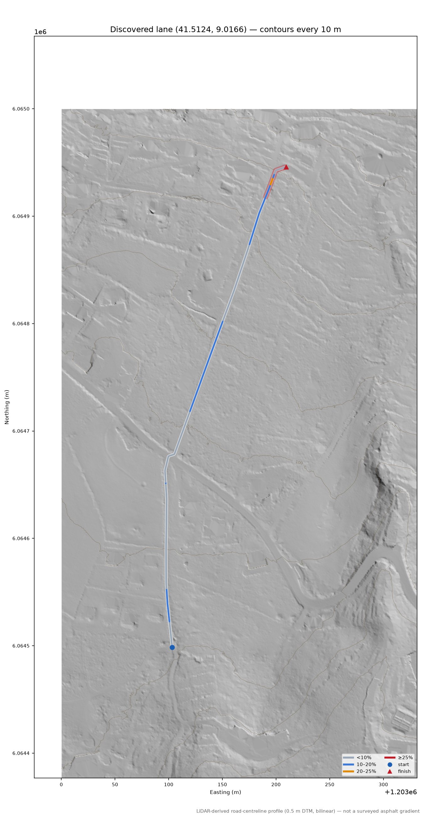Discovered lane (41.5124, 9.0166) LiDAR hillshade map with contours