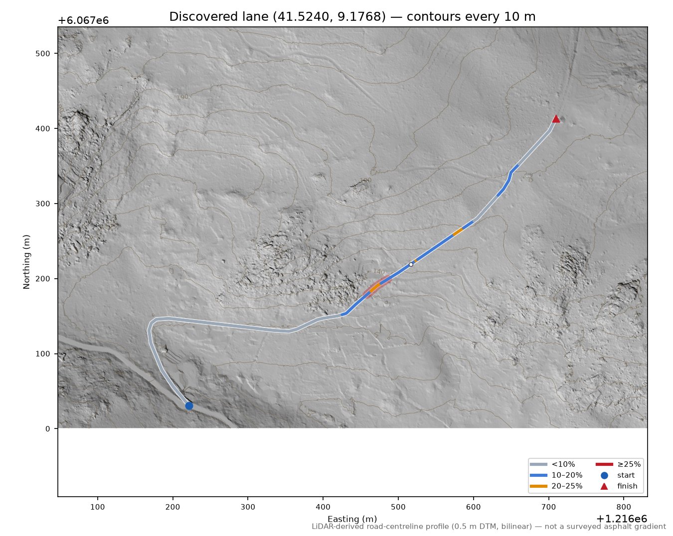 Discovered lane (41.5240, 9.1768) LiDAR hillshade map with contours
