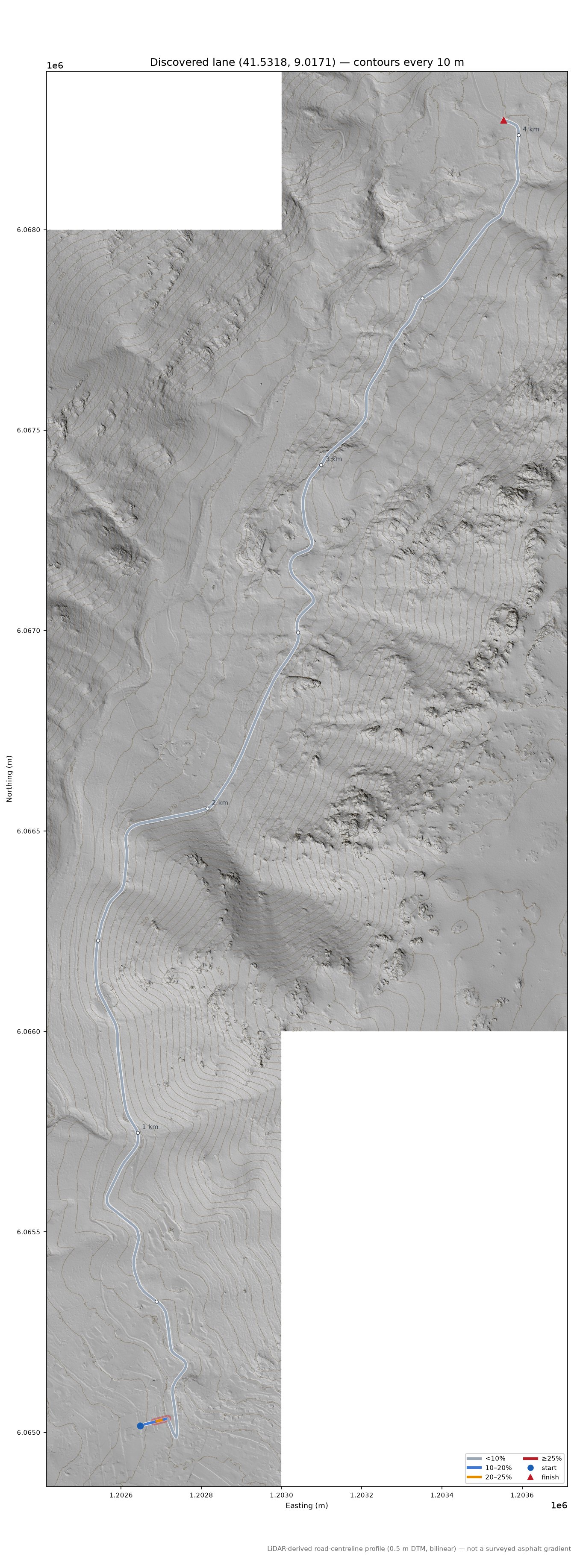 Discovered lane (41.5318, 9.0171) LiDAR hillshade map with contours