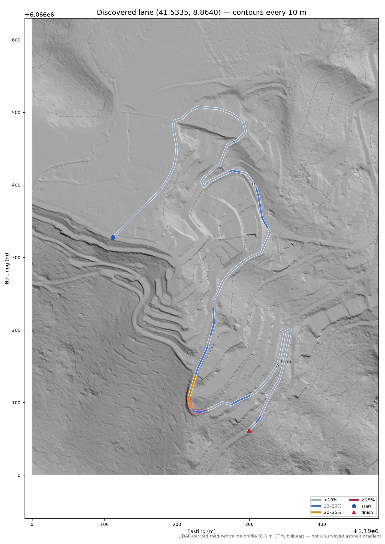 Discovered lane (41.5335, 8.8640) LiDAR hillshade map with contours