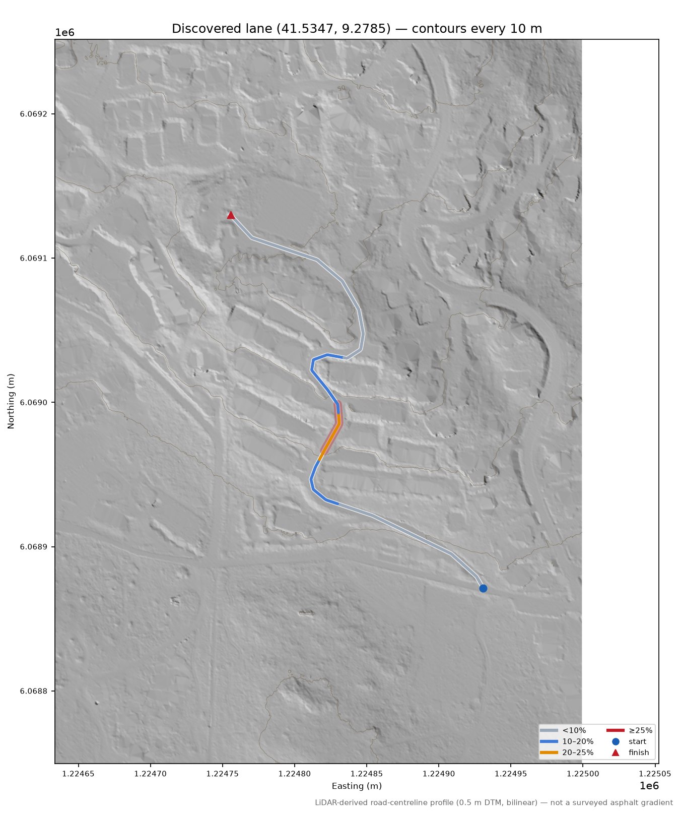 Discovered lane (41.5347, 9.2785) LiDAR hillshade map with contours