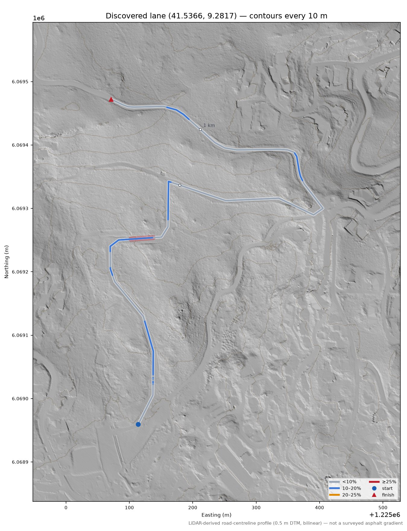 Discovered lane (41.5366, 9.2817) LiDAR hillshade map with contours