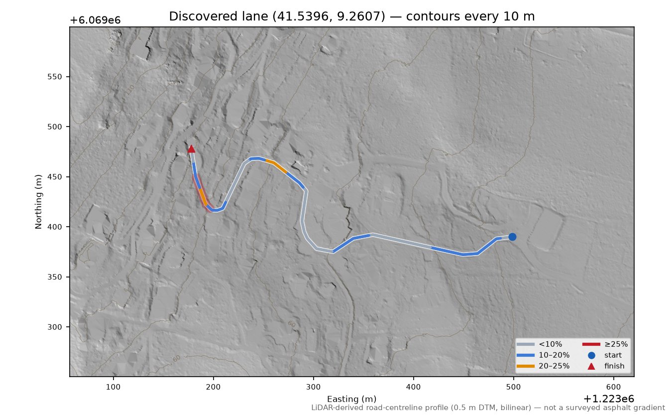 Discovered lane (41.5396, 9.2607) LiDAR hillshade map with contours