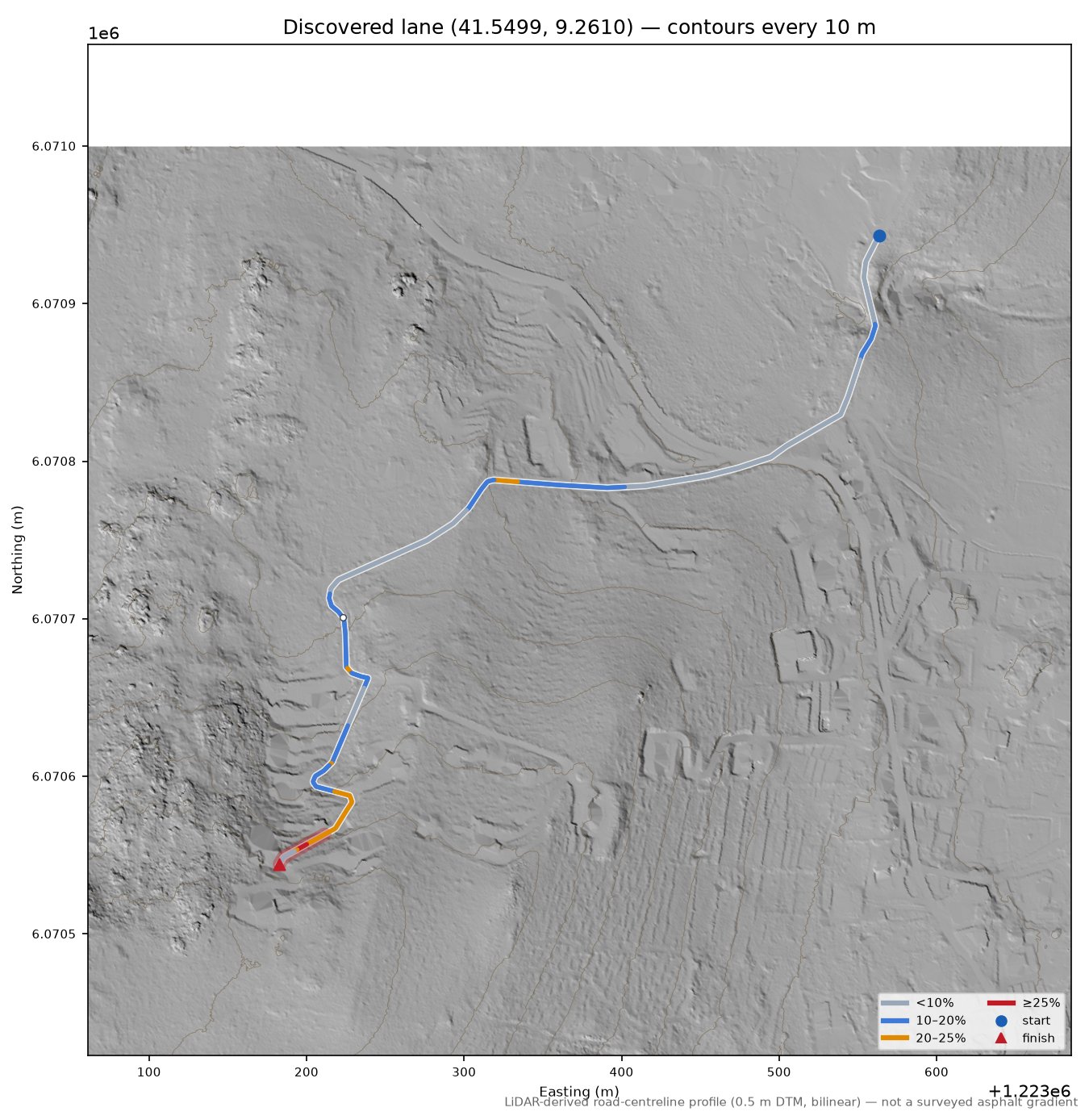 Discovered lane (41.5499, 9.2610) LiDAR hillshade map with contours