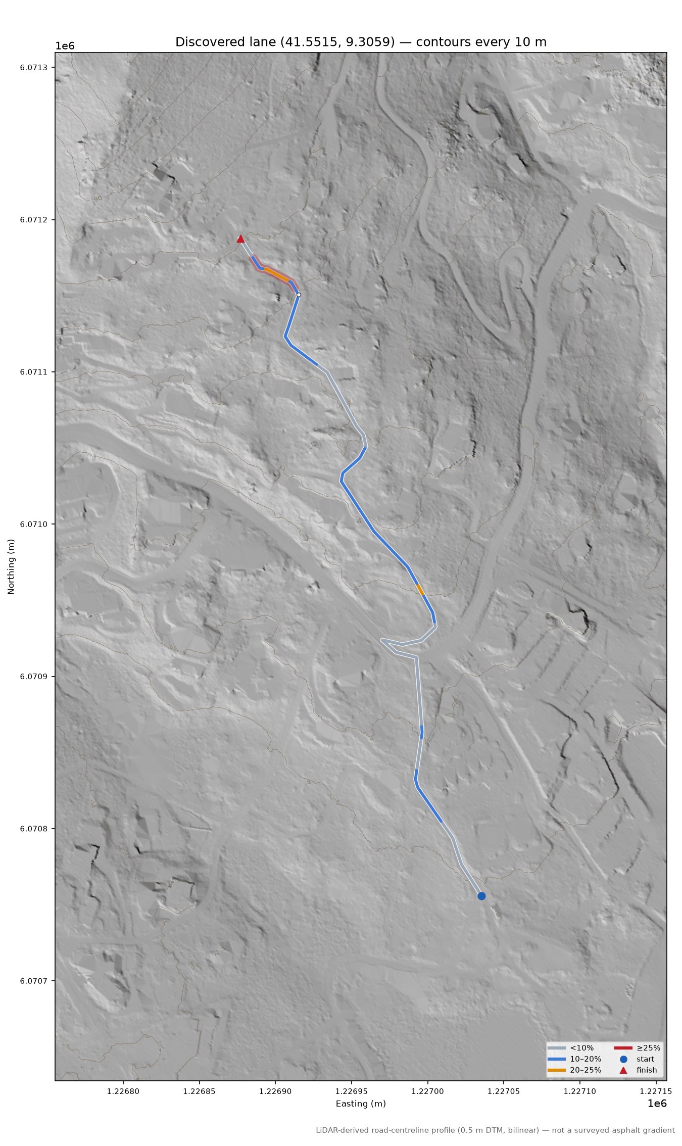 Discovered lane (41.5515, 9.3059) LiDAR hillshade map with contours
