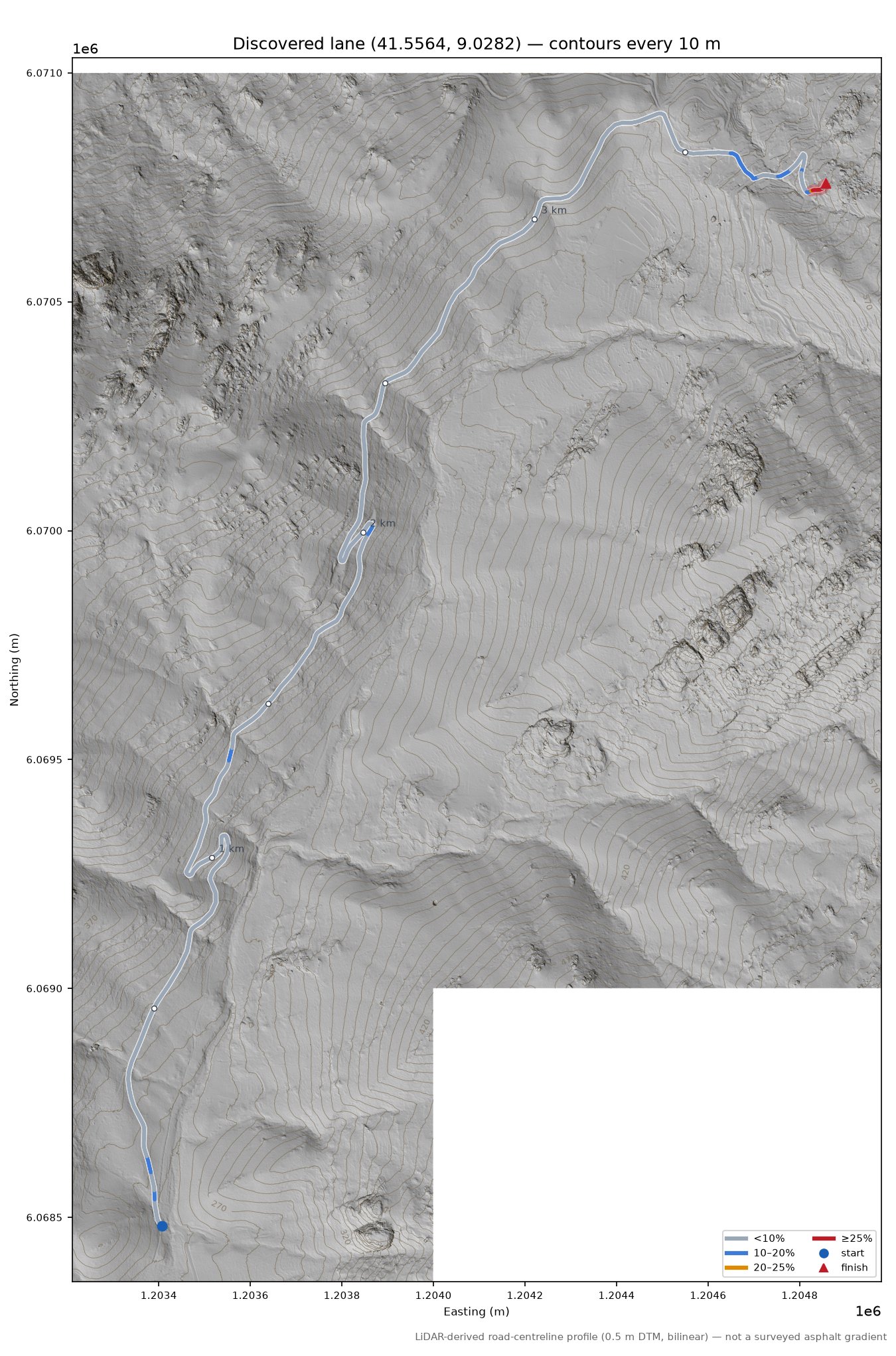 Discovered lane (41.5564, 9.0282) LiDAR hillshade map with contours