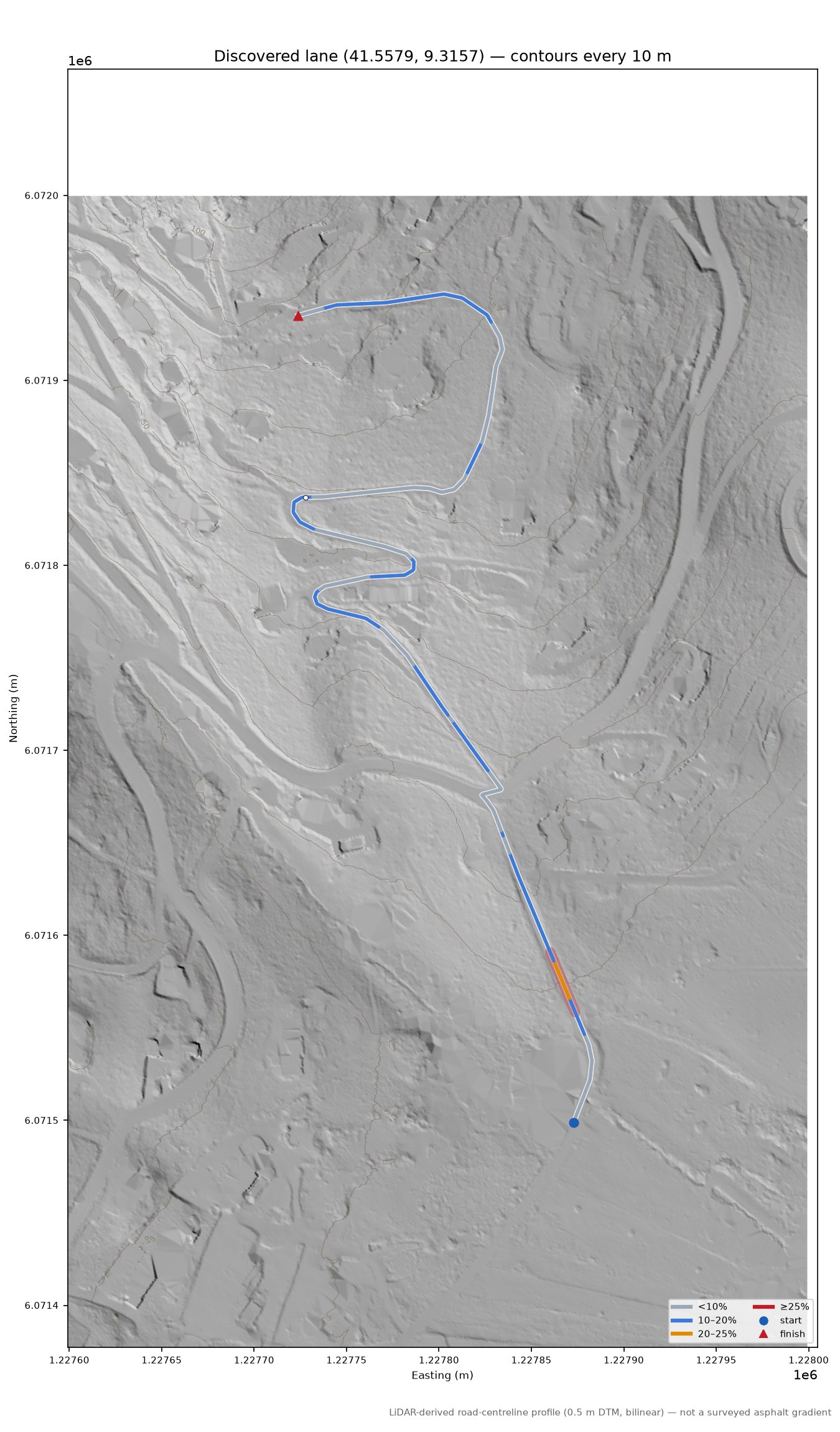 Discovered lane (41.5579, 9.3157) LiDAR hillshade map with contours