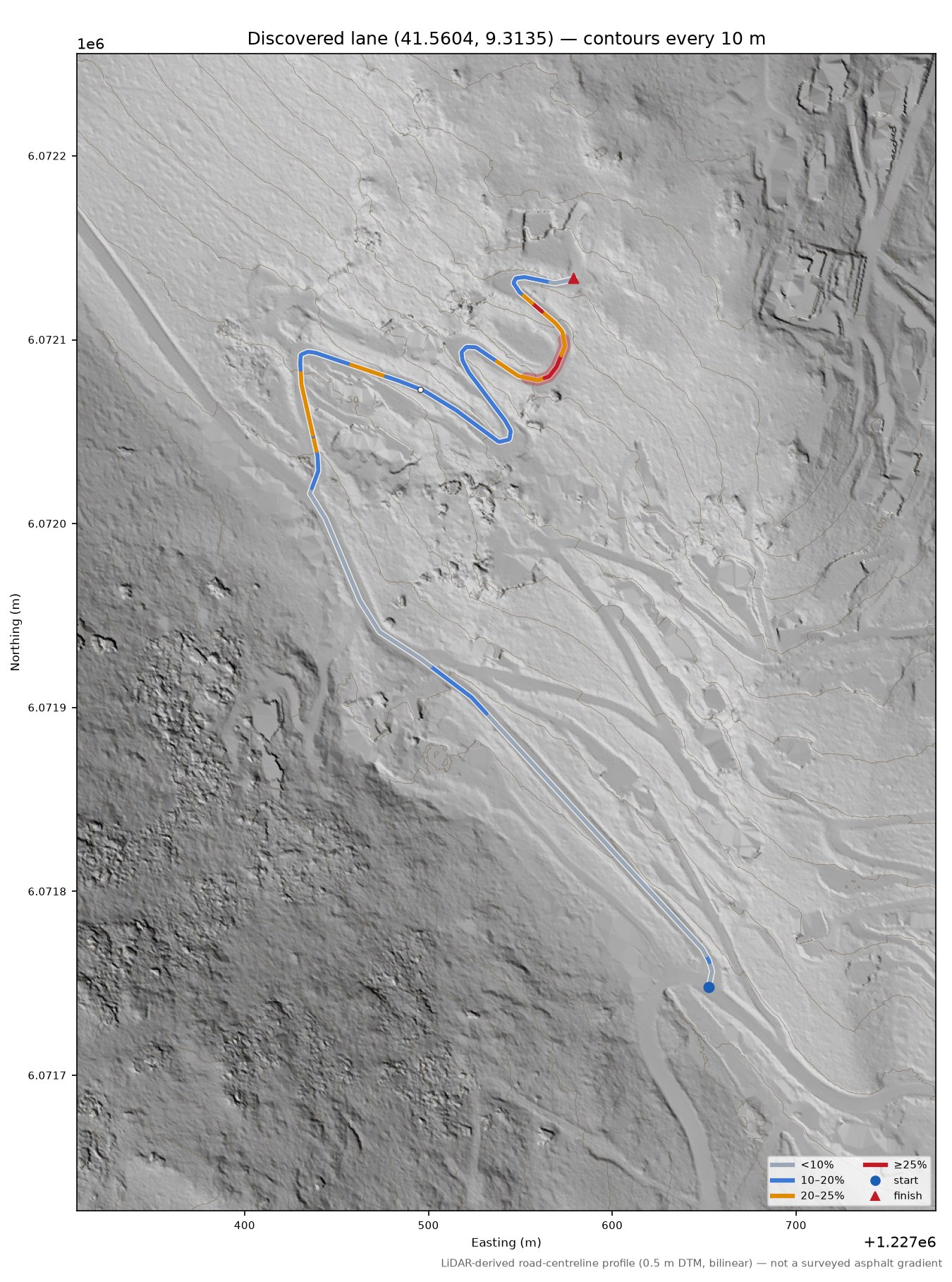 Discovered lane (41.5604, 9.3135) LiDAR hillshade map with contours