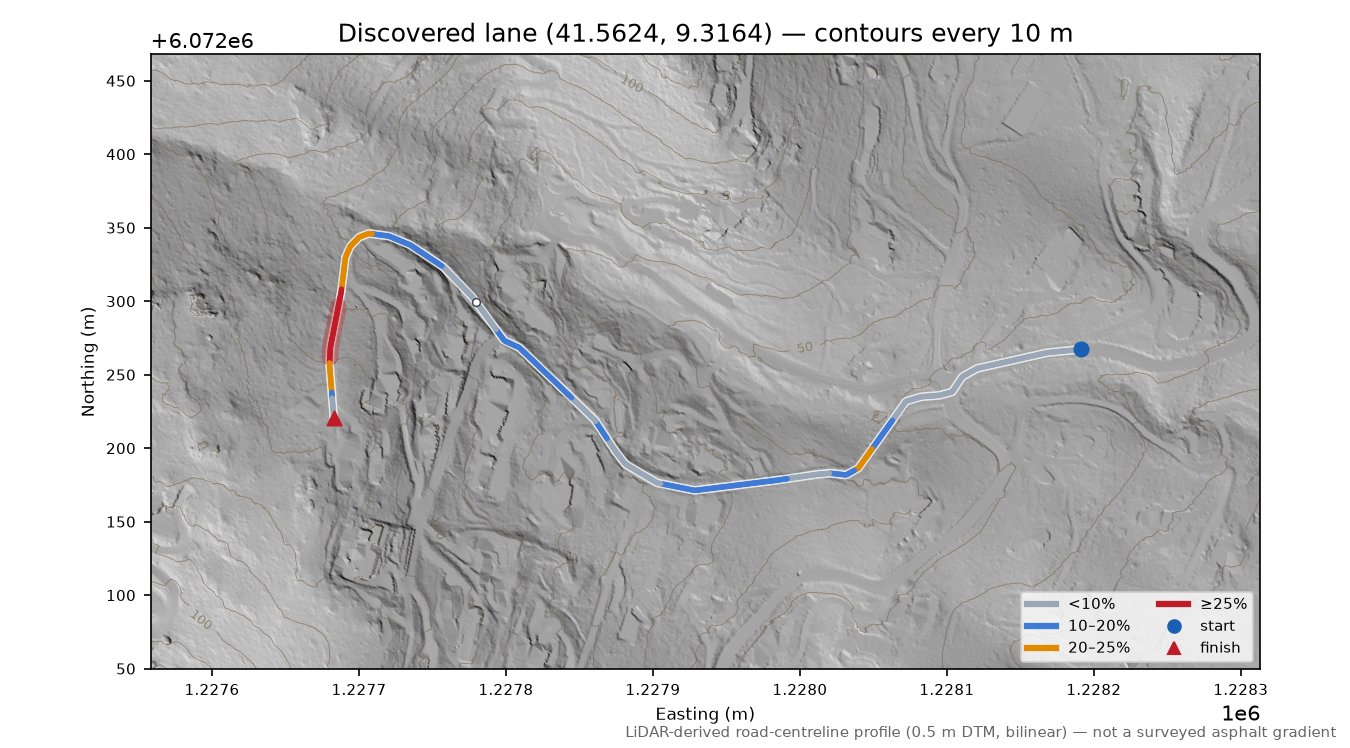 Discovered lane (41.5624, 9.3164) LiDAR hillshade map with contours