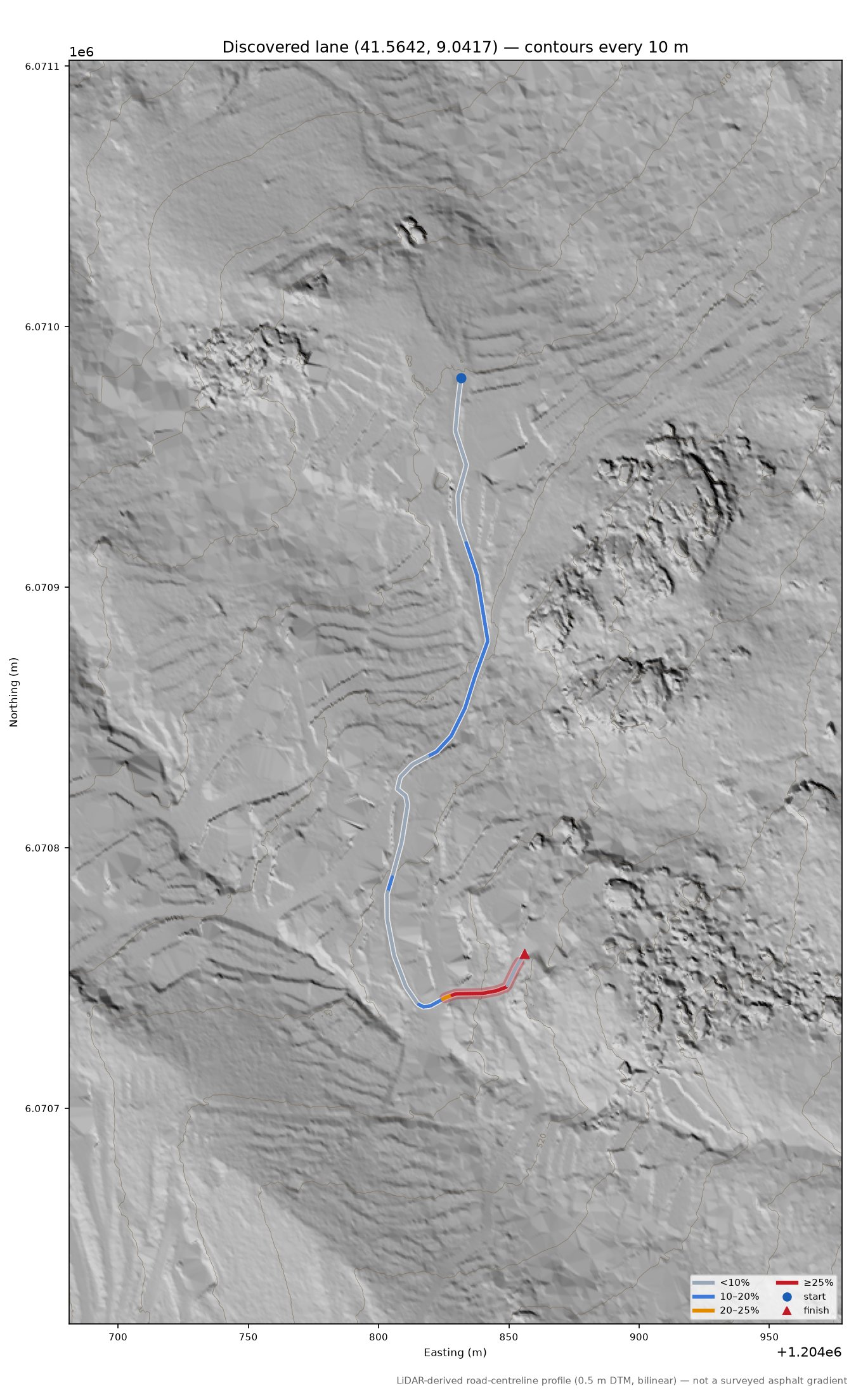Discovered lane (41.5642, 9.0417) LiDAR hillshade map with contours
