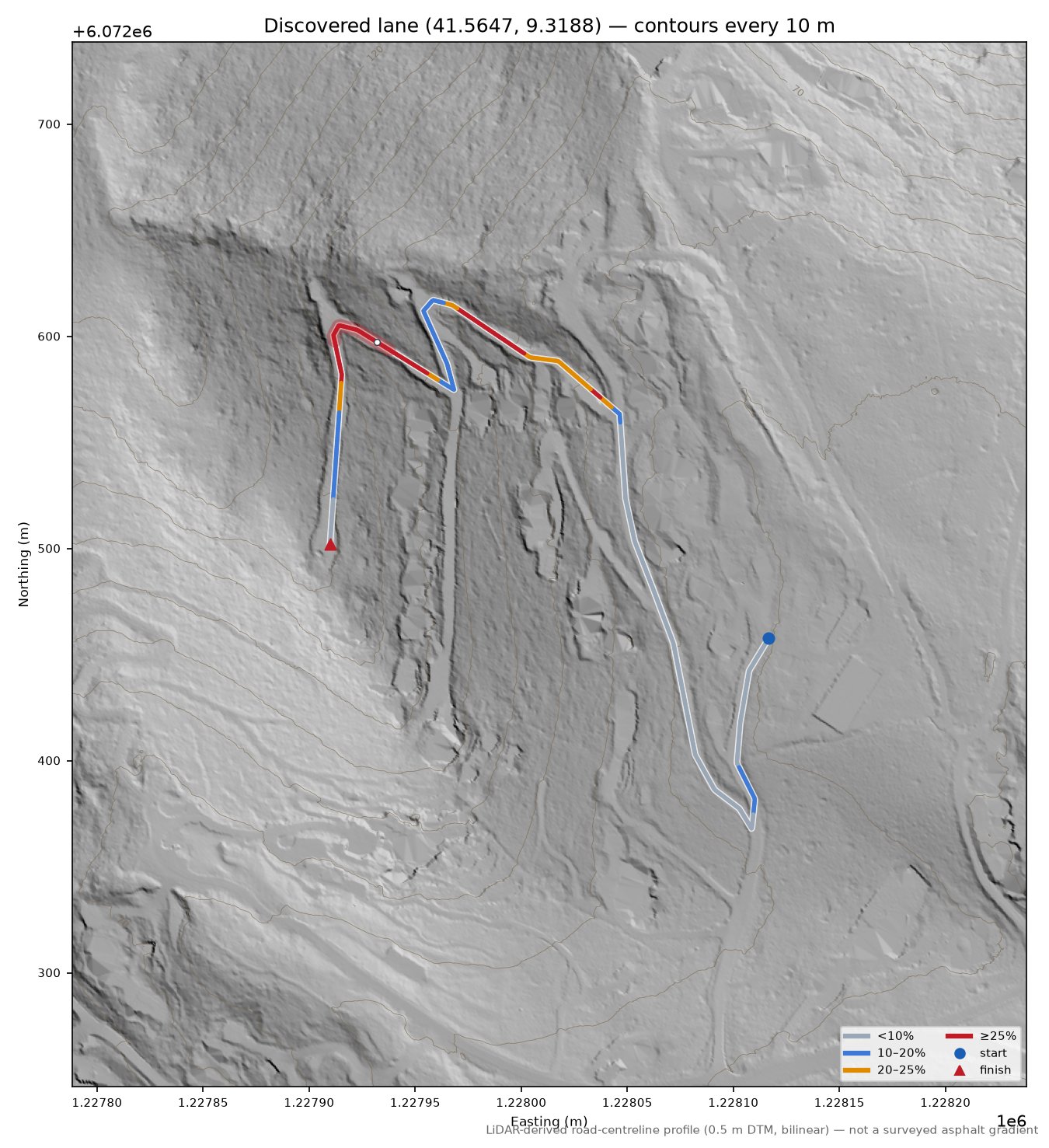Discovered lane (41.5647, 9.3188) LiDAR hillshade map with contours