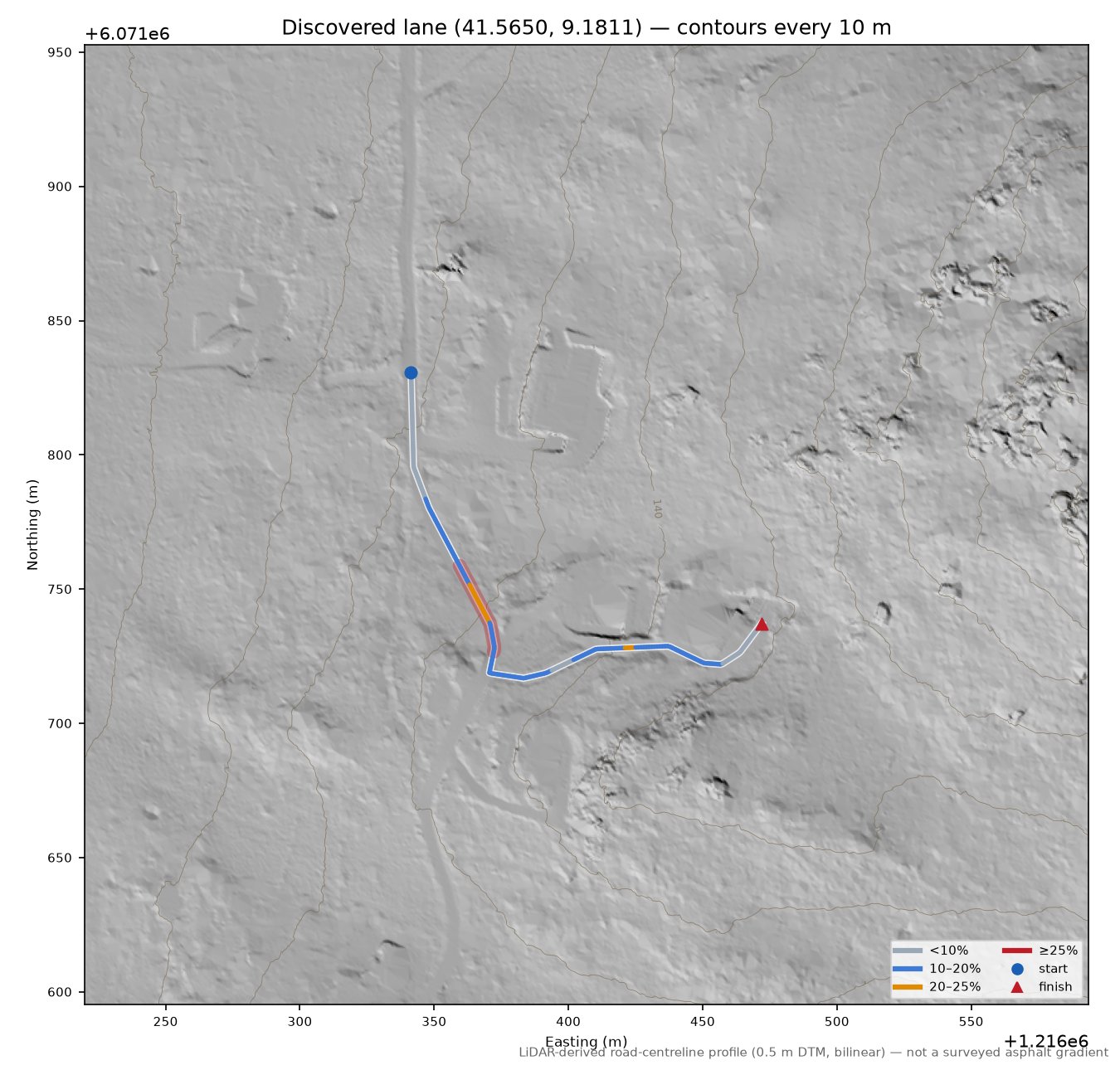 Discovered lane (41.5650, 9.1811) LiDAR hillshade map with contours