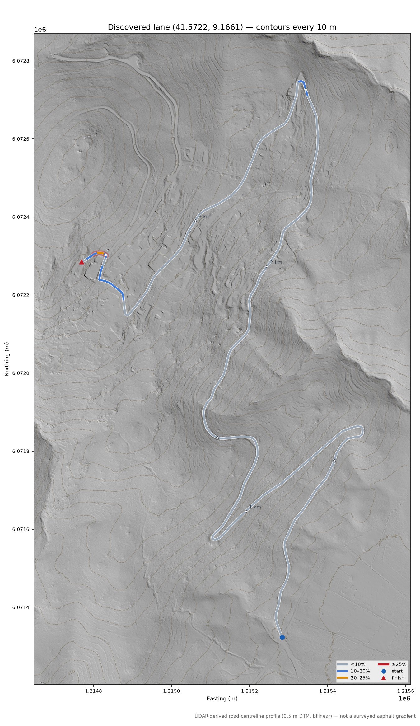 Discovered lane (41.5722, 9.1661) LiDAR hillshade map with contours