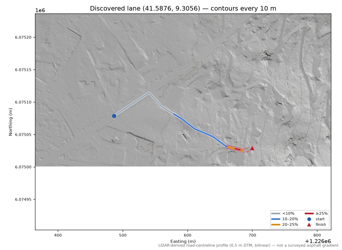 Discovered lane (41.5876, 9.3056) LiDAR hillshade map with contours