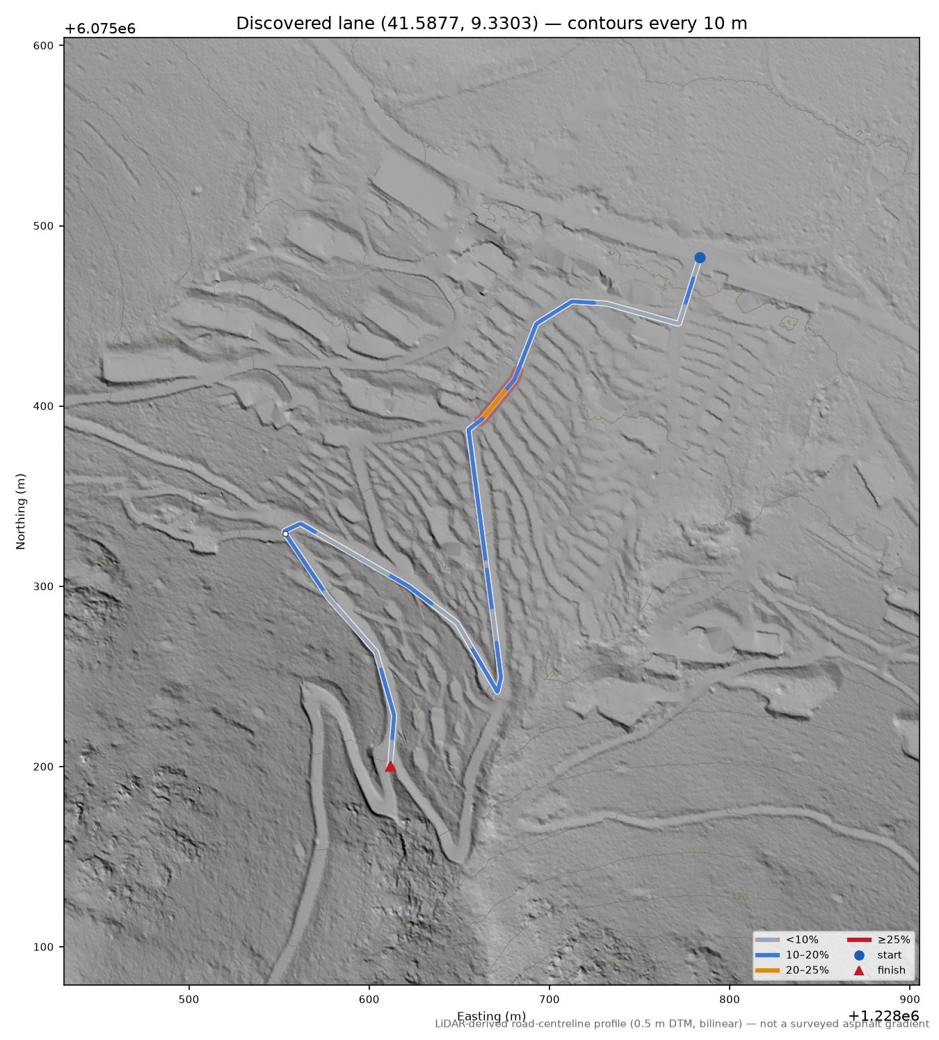 Discovered lane (41.5877, 9.3303) LiDAR hillshade map with contours