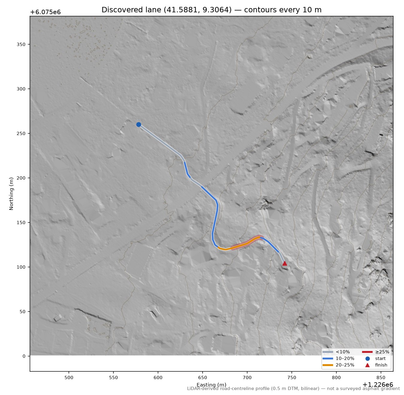 Discovered lane (41.5881, 9.3064) LiDAR hillshade map with contours