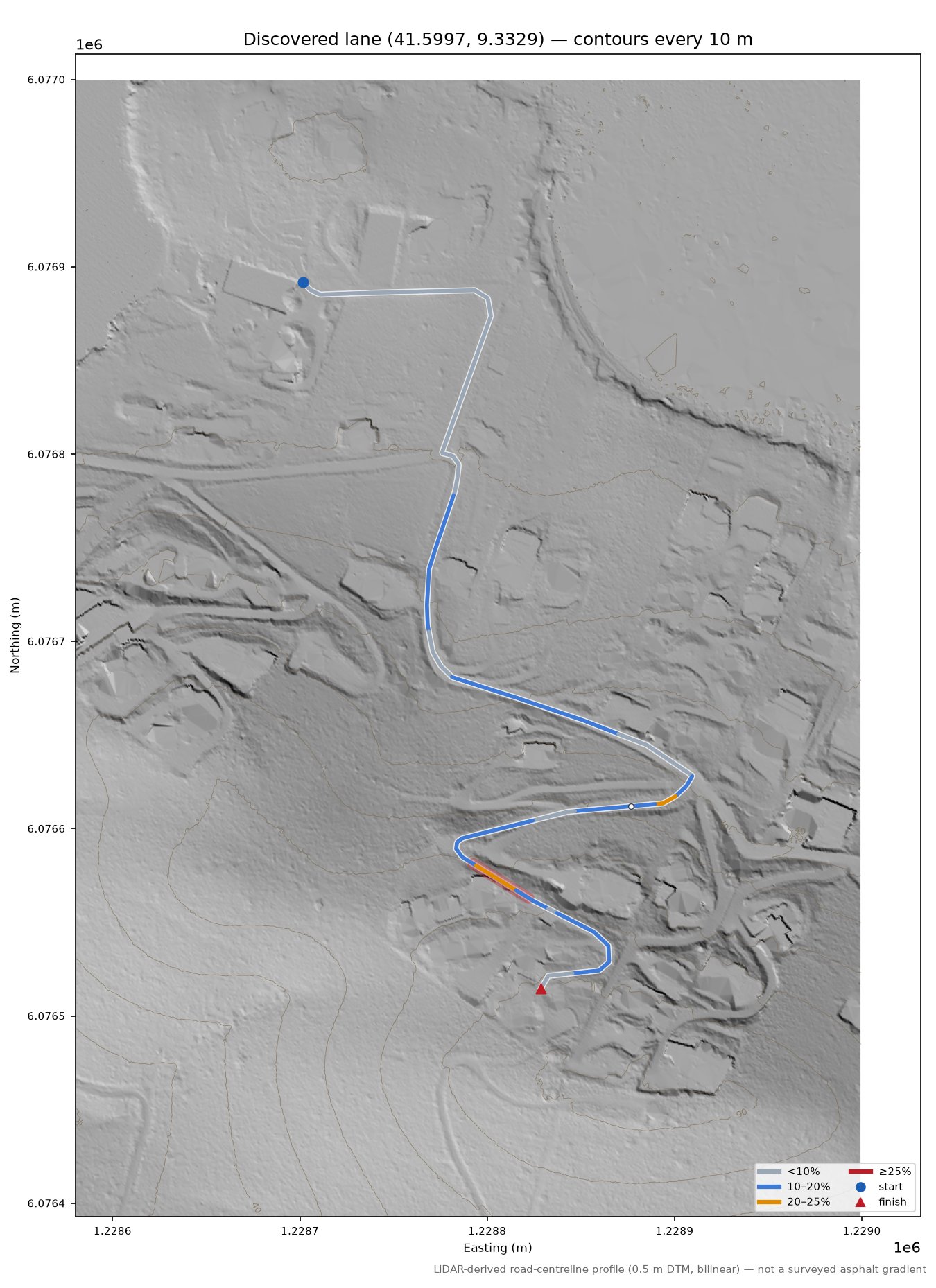 Discovered lane (41.5997, 9.3329) LiDAR hillshade map with contours
