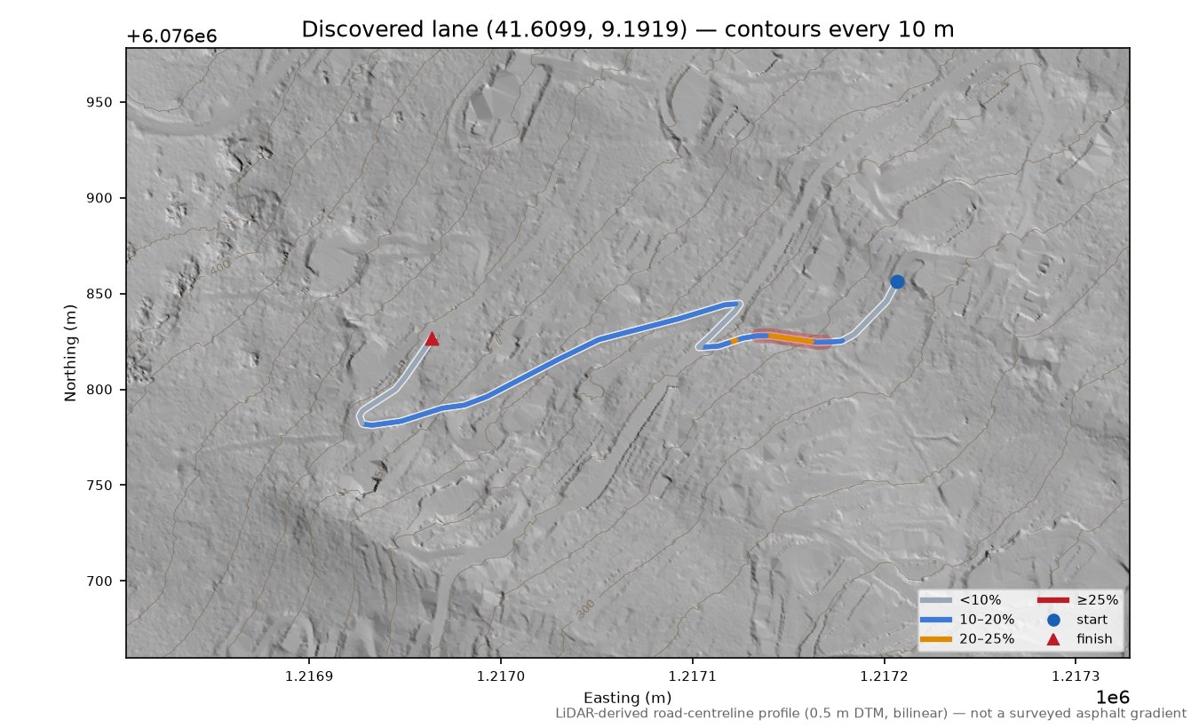 Discovered lane (41.6099, 9.1919) LiDAR hillshade map with contours