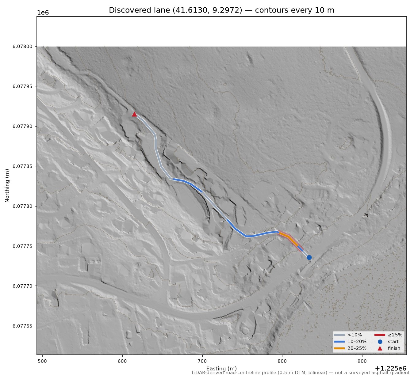 Discovered lane (41.6130, 9.2972) LiDAR hillshade map with contours