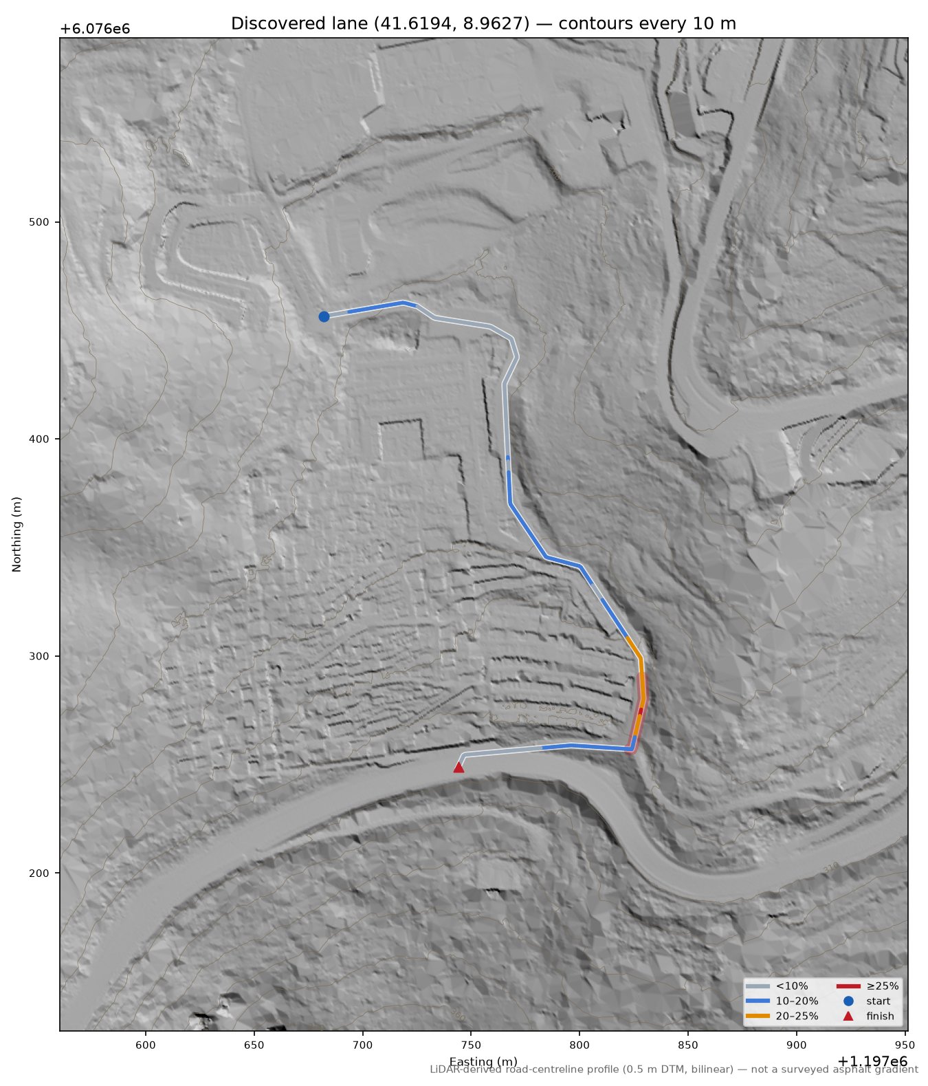 Discovered lane (41.6194, 8.9627) LiDAR hillshade map with contours
