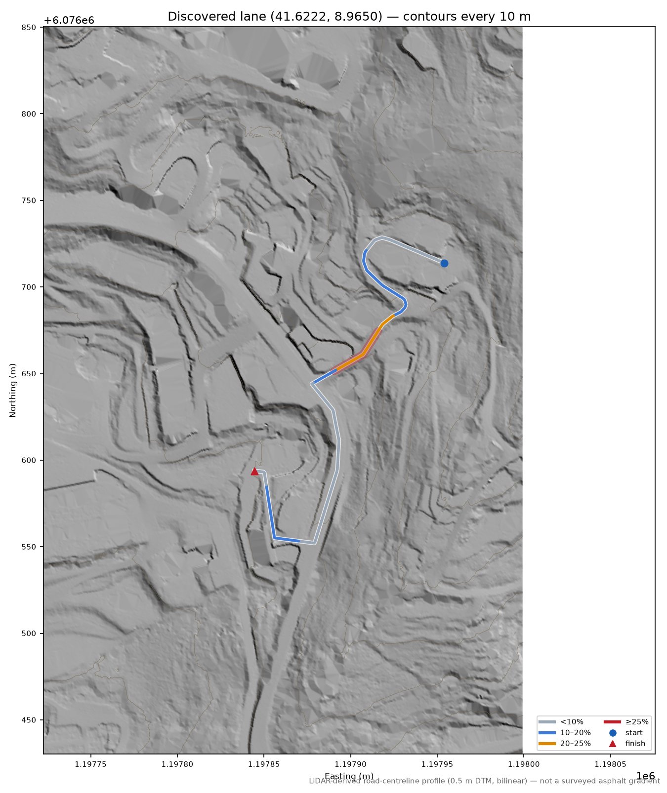 Discovered lane (41.6222, 8.9650) LiDAR hillshade map with contours