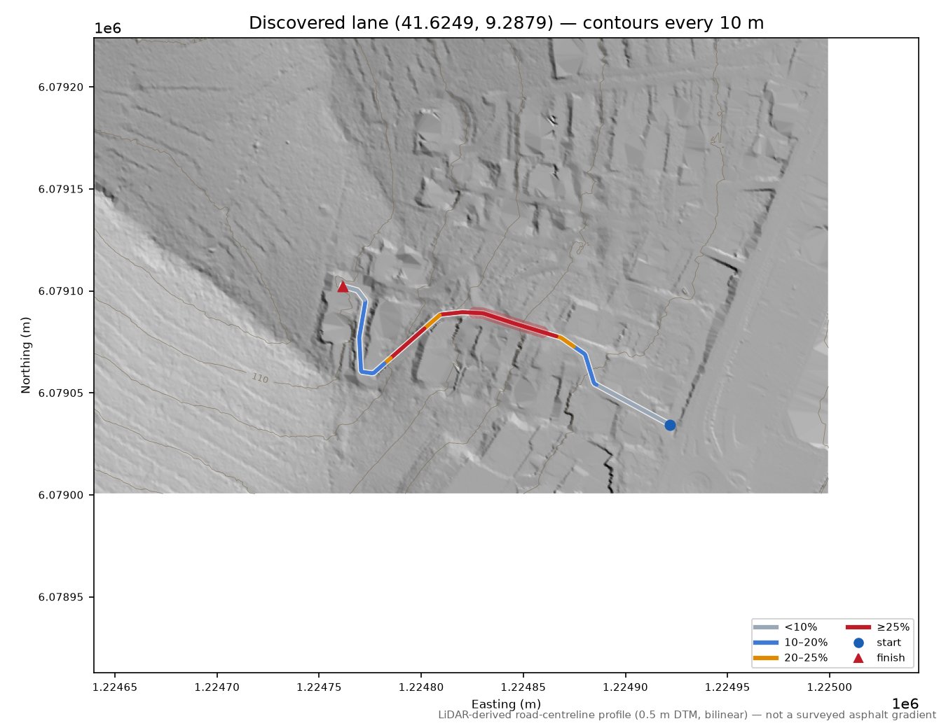 Discovered lane (41.6249, 9.2879) LiDAR hillshade map with contours