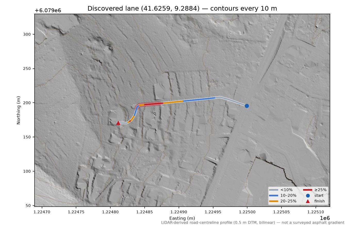 Discovered lane (41.6259, 9.2884) LiDAR hillshade map with contours