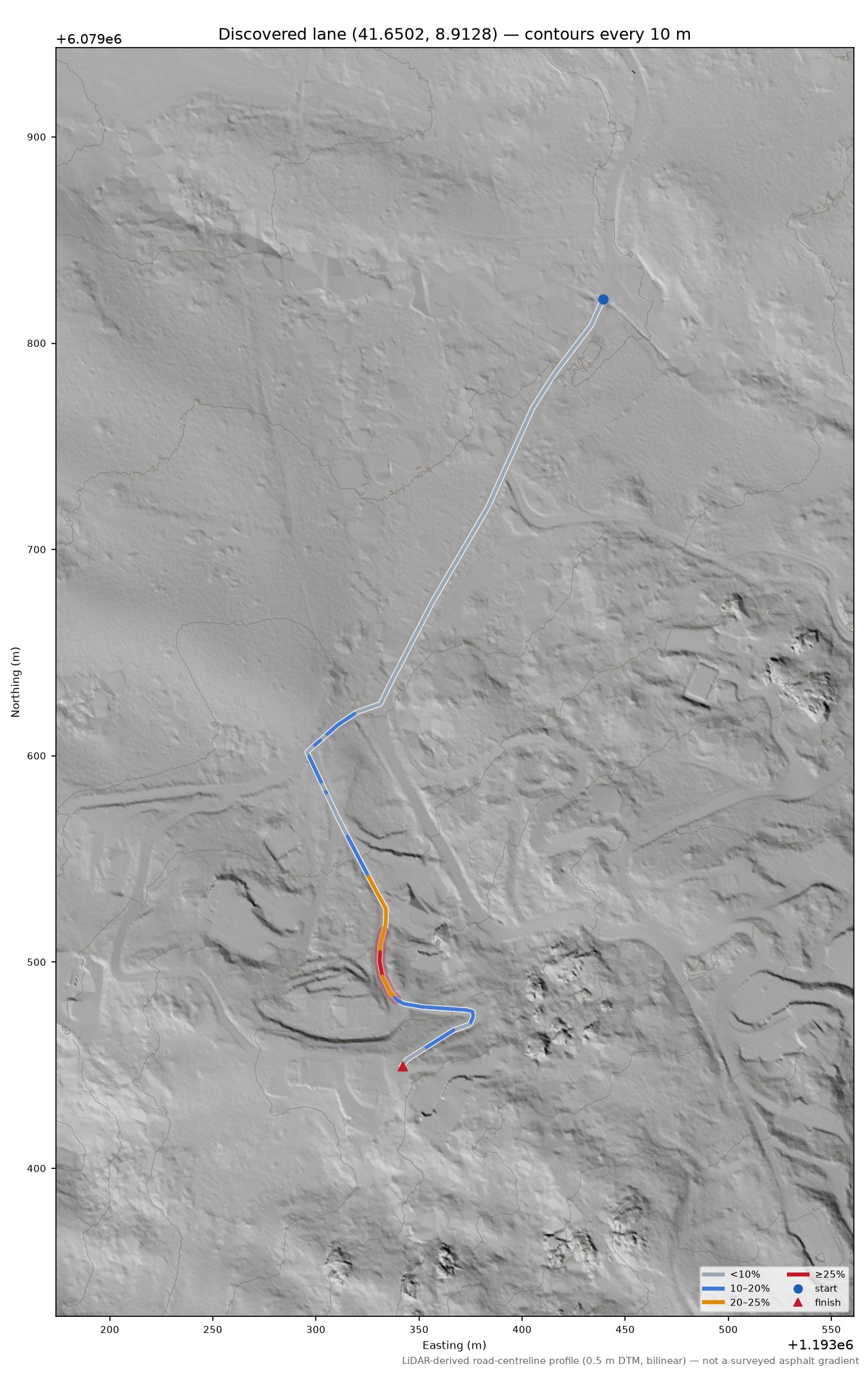 Discovered lane (41.6502, 8.9128) LiDAR hillshade map with contours