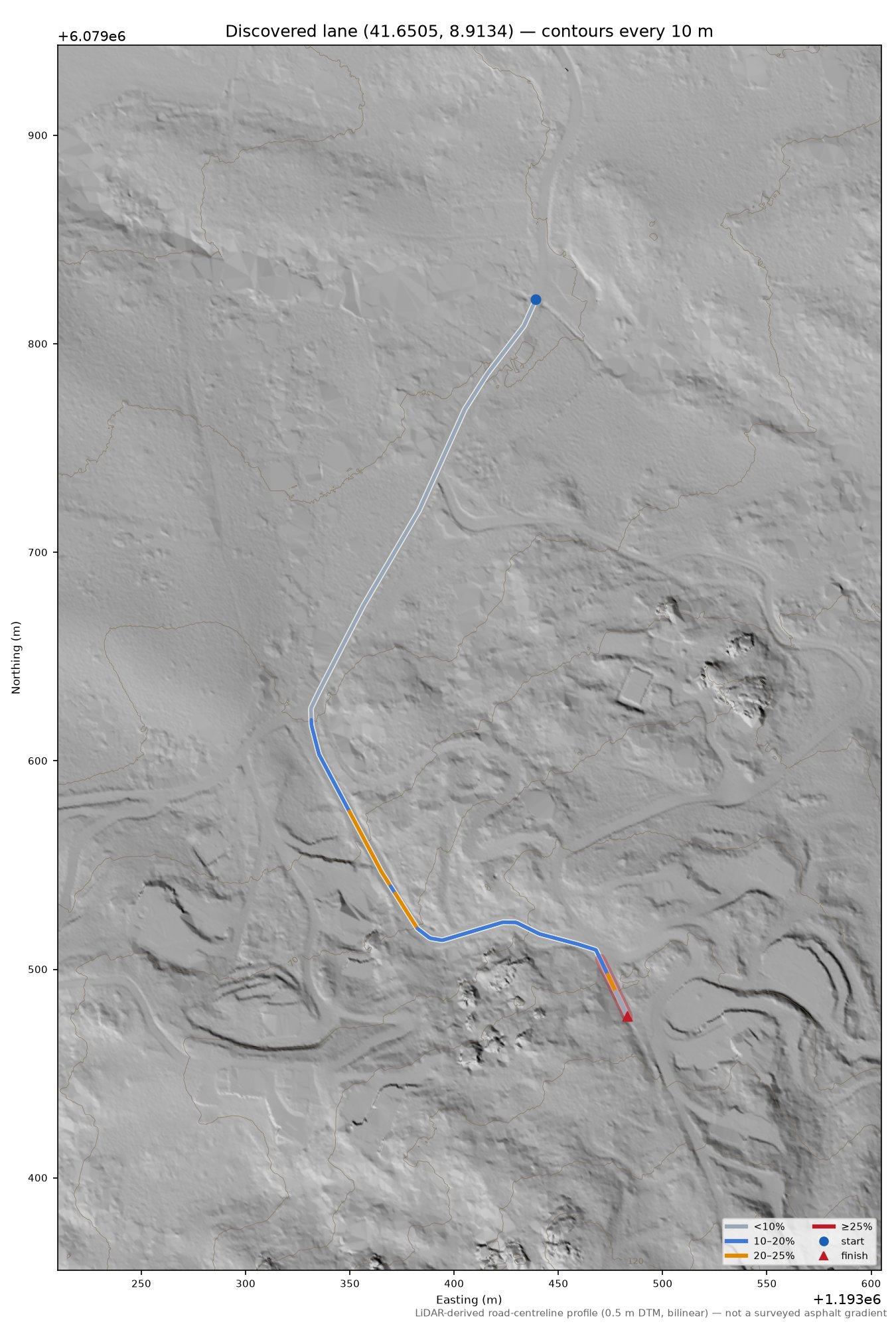 Discovered lane (41.6505, 8.9134) LiDAR hillshade map with contours