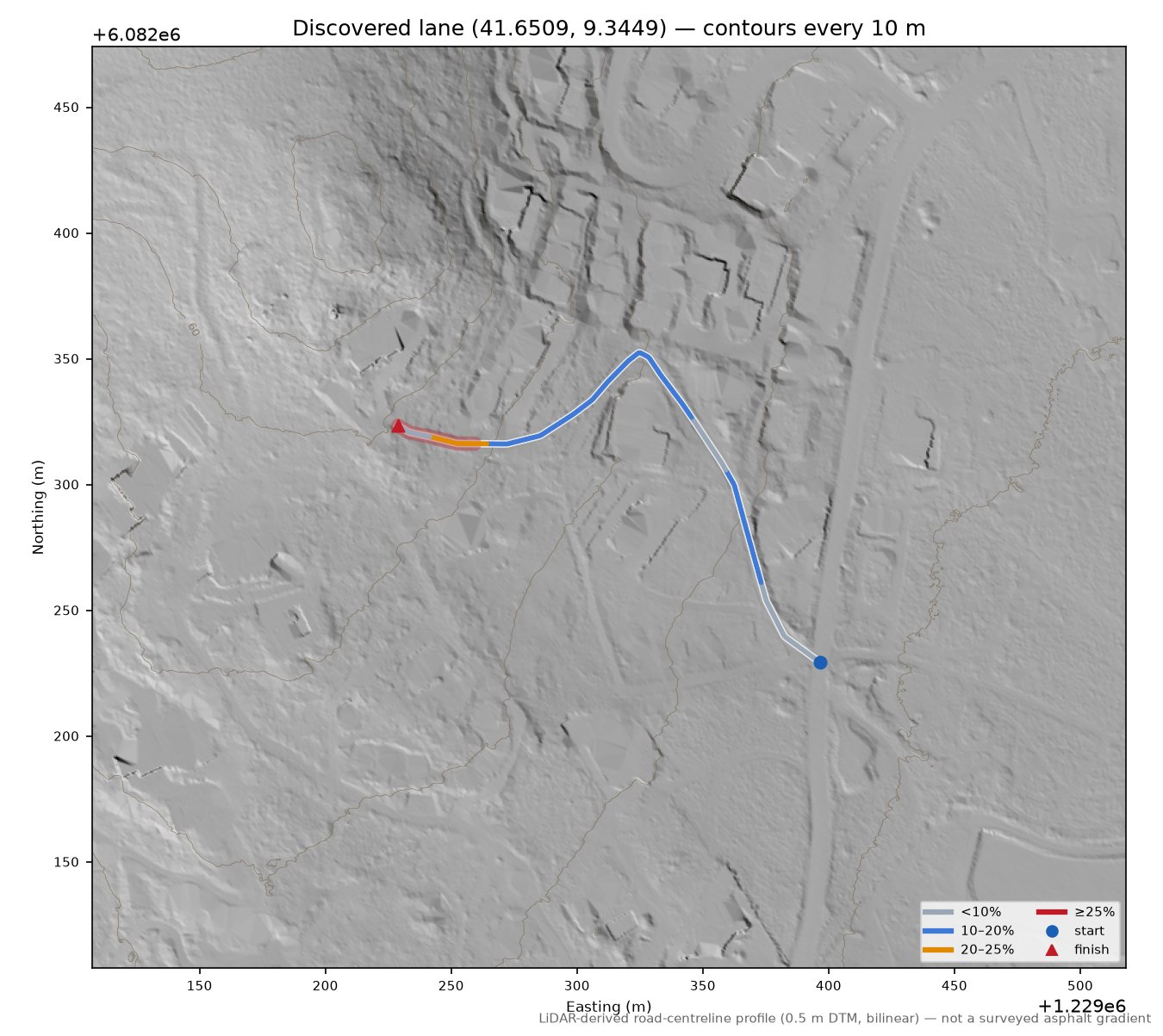 Discovered lane (41.6509, 9.3449) LiDAR hillshade map with contours