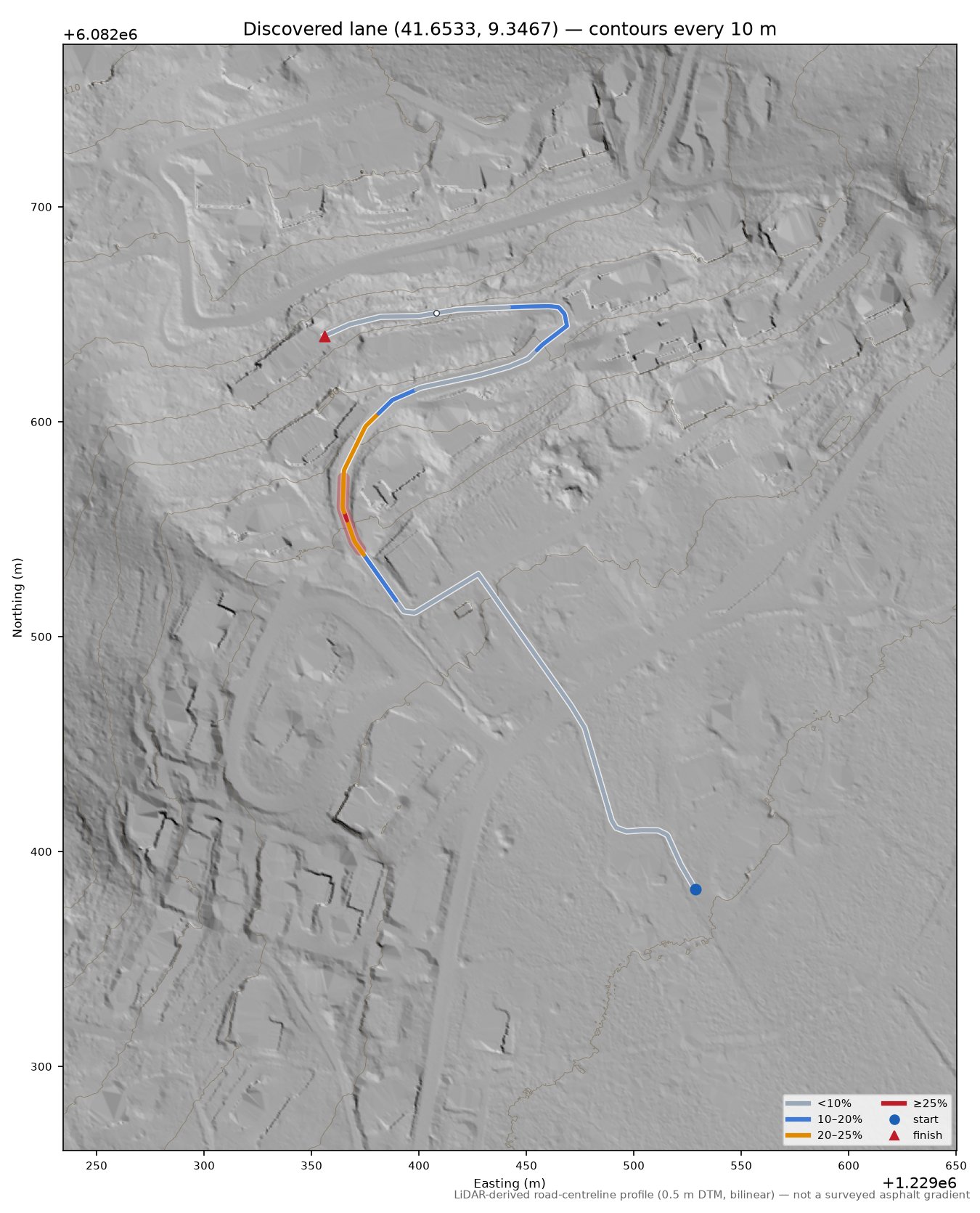 Discovered lane (41.6533, 9.3467) LiDAR hillshade map with contours