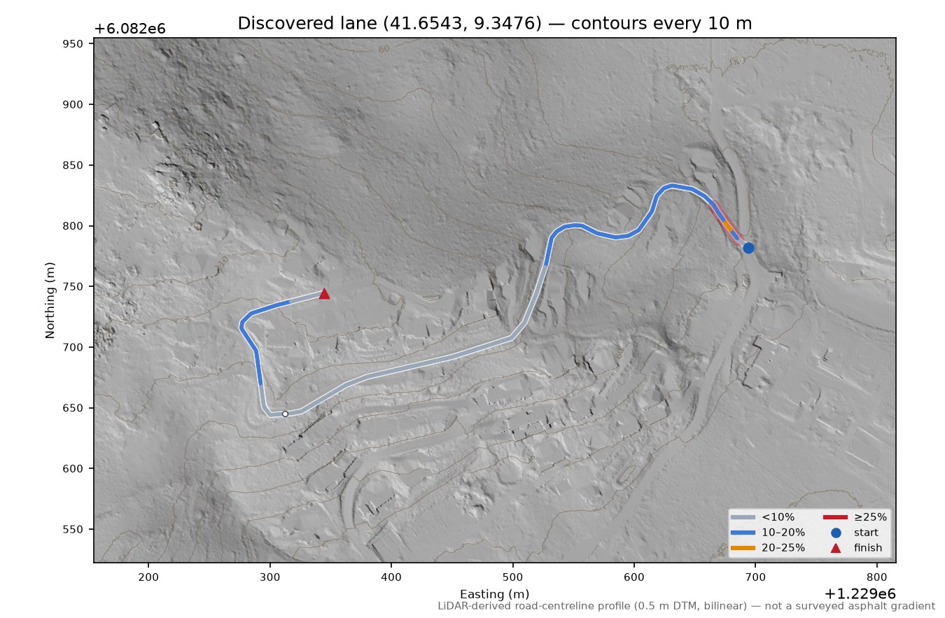 Discovered lane (41.6543, 9.3476) LiDAR hillshade map with contours