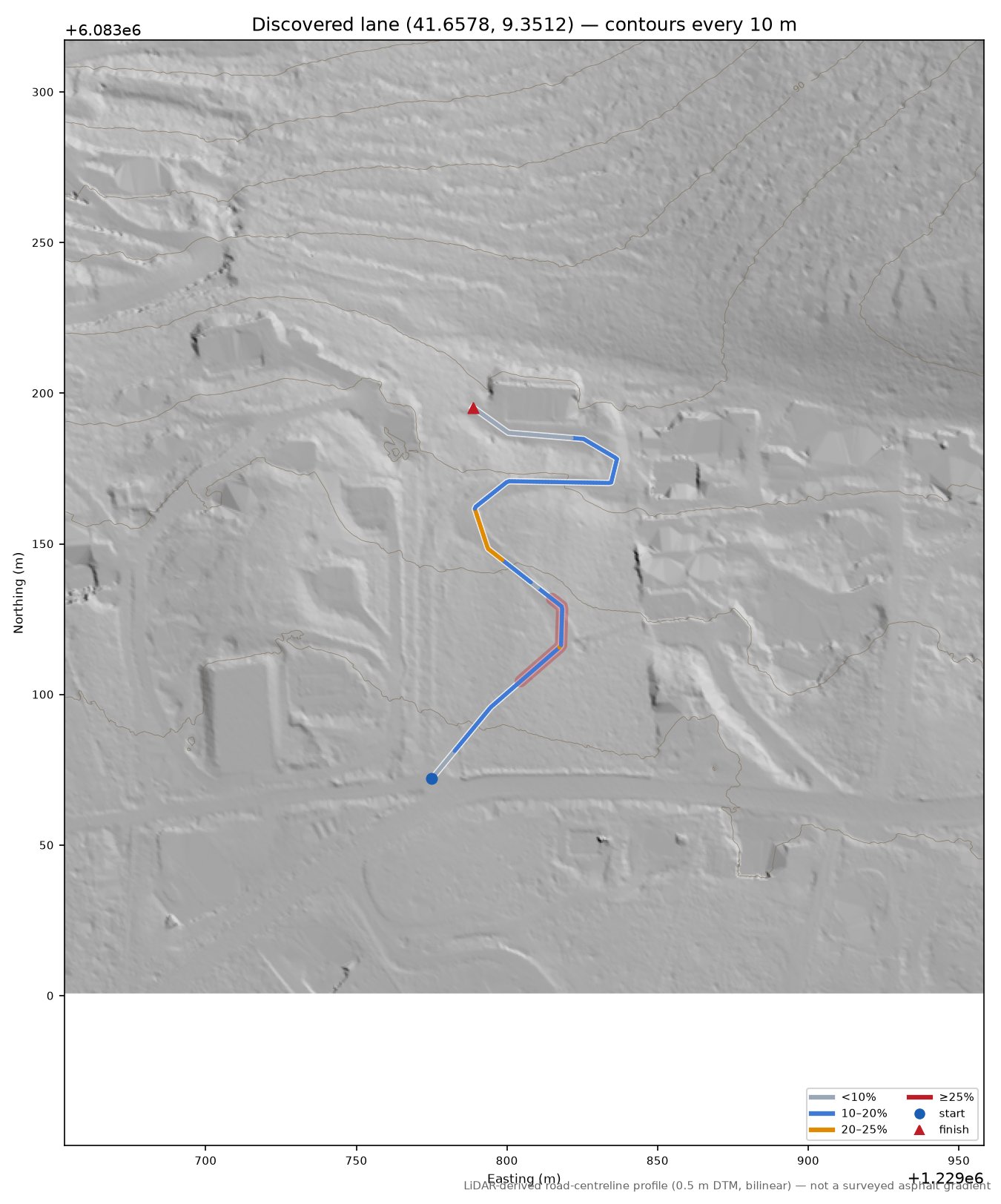 Discovered lane (41.6578, 9.3512) LiDAR hillshade map with contours