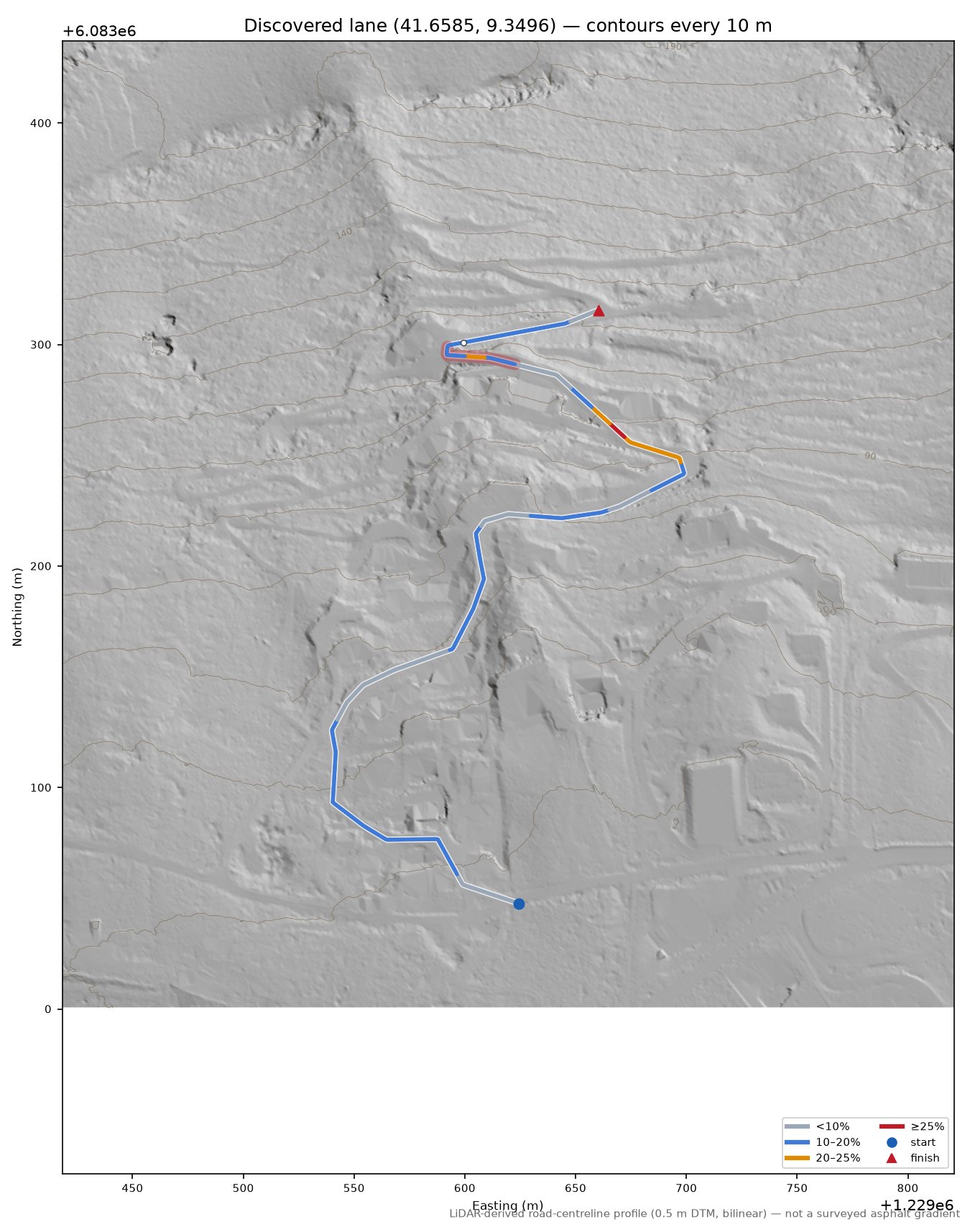 Discovered lane (41.6585, 9.3496) LiDAR hillshade map with contours
