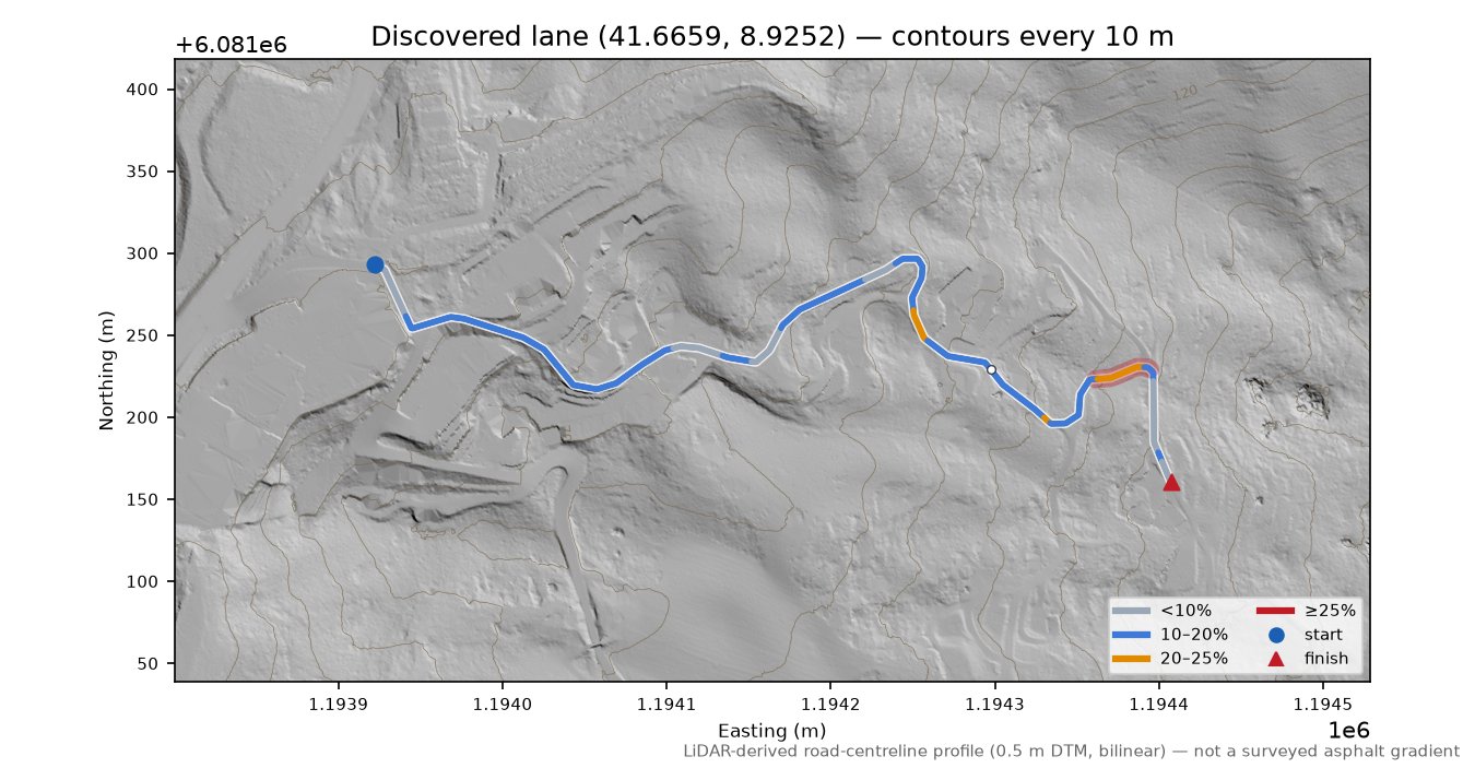 Discovered lane (41.6659, 8.9252) LiDAR hillshade map with contours