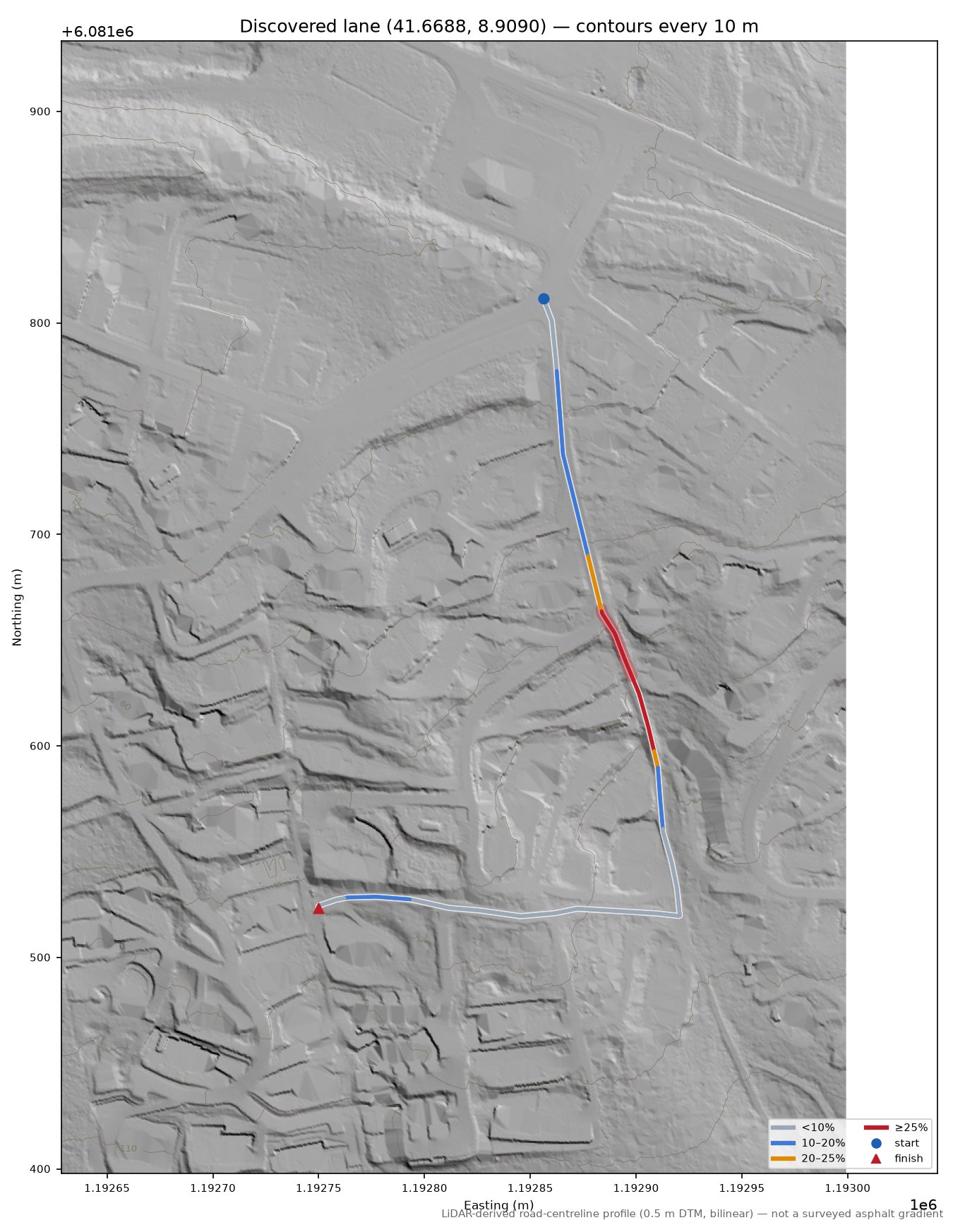 Discovered lane (41.6688, 8.9090) LiDAR hillshade map with contours