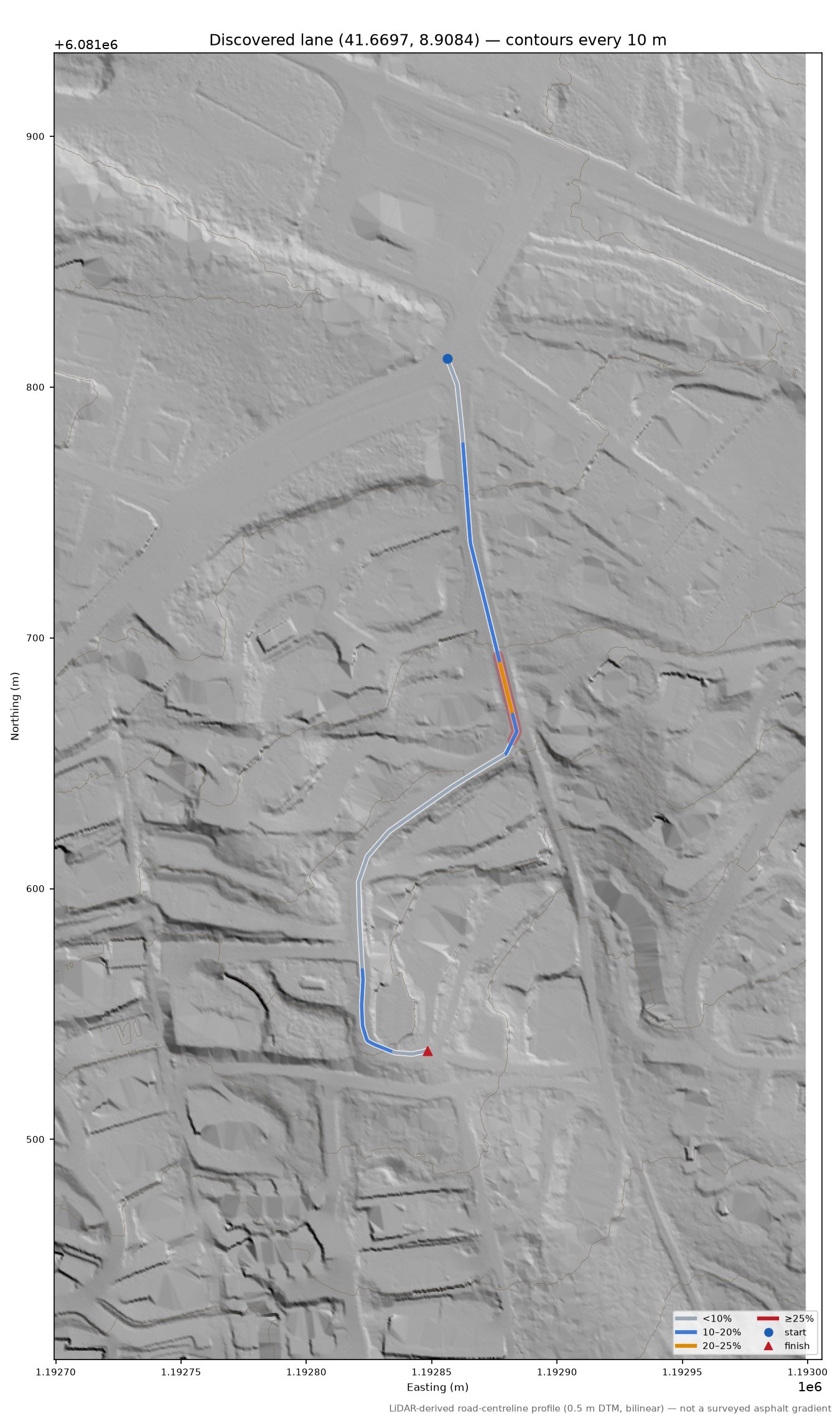 Discovered lane (41.6697, 8.9084) LiDAR hillshade map with contours
