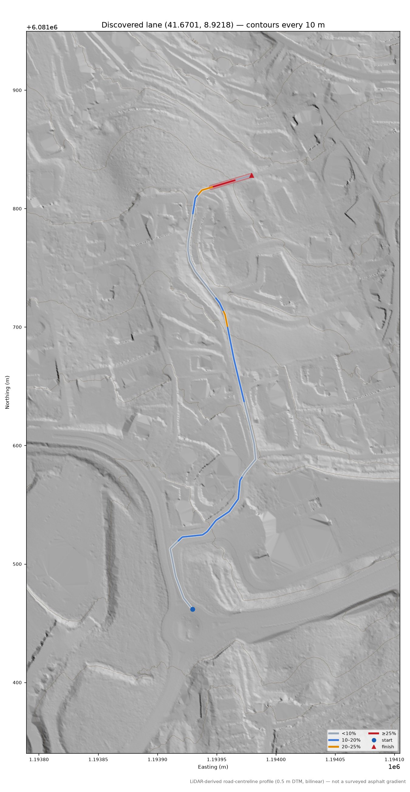 Discovered lane (41.6701, 8.9218) LiDAR hillshade map with contours