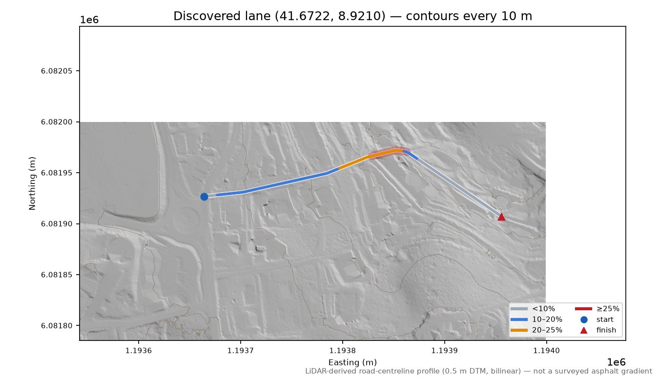 Discovered lane (41.6722, 8.9210) LiDAR hillshade map with contours